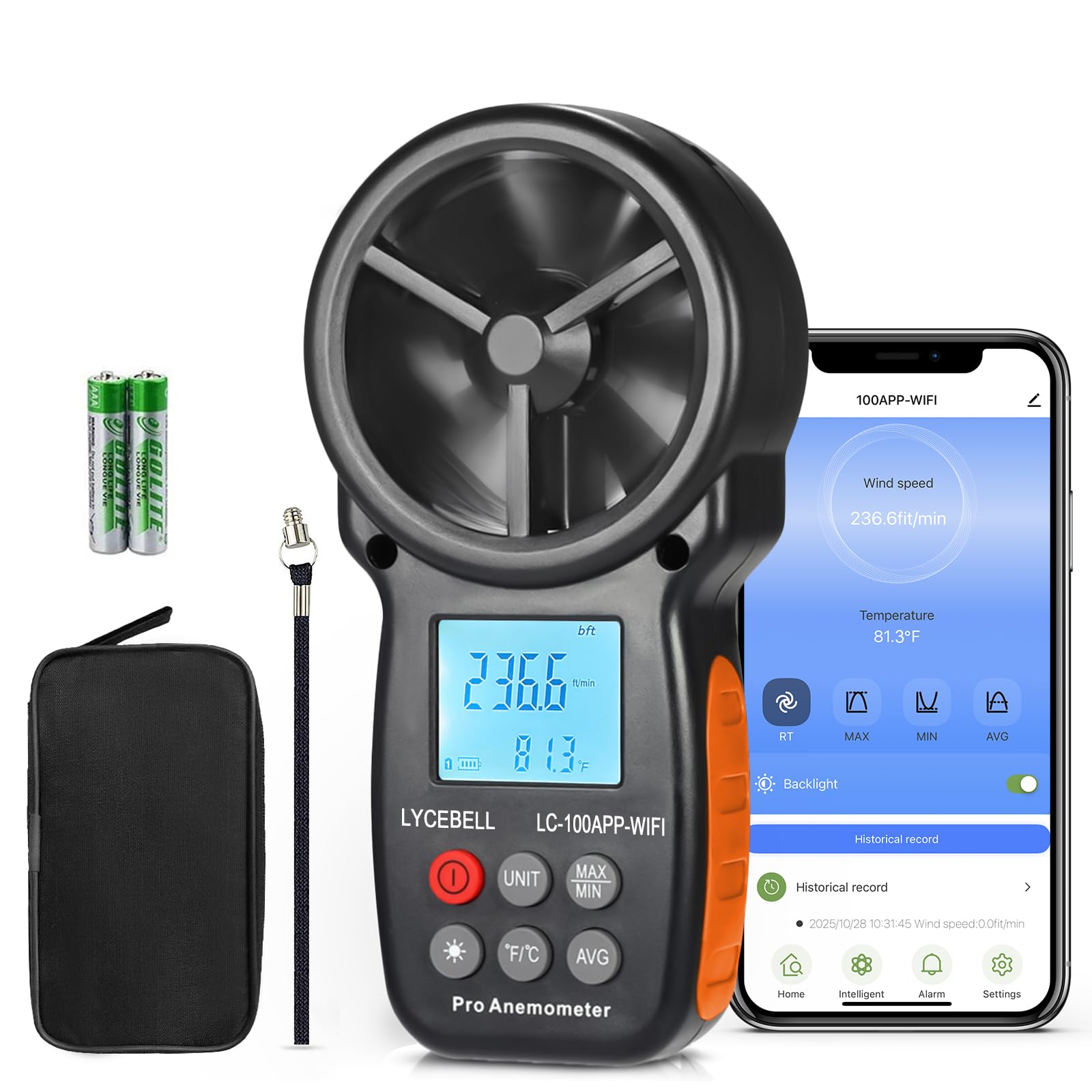 ‌LYCEBELL Anemometro Professionale con Controllo WiFi & Registrazione Dati – Misuratore Sans Filo di Velocità del Vento e Temperatura per HVAC, Droni, Vela, Surf, con MAX/MIN/MED, Compatible Zigbee‌