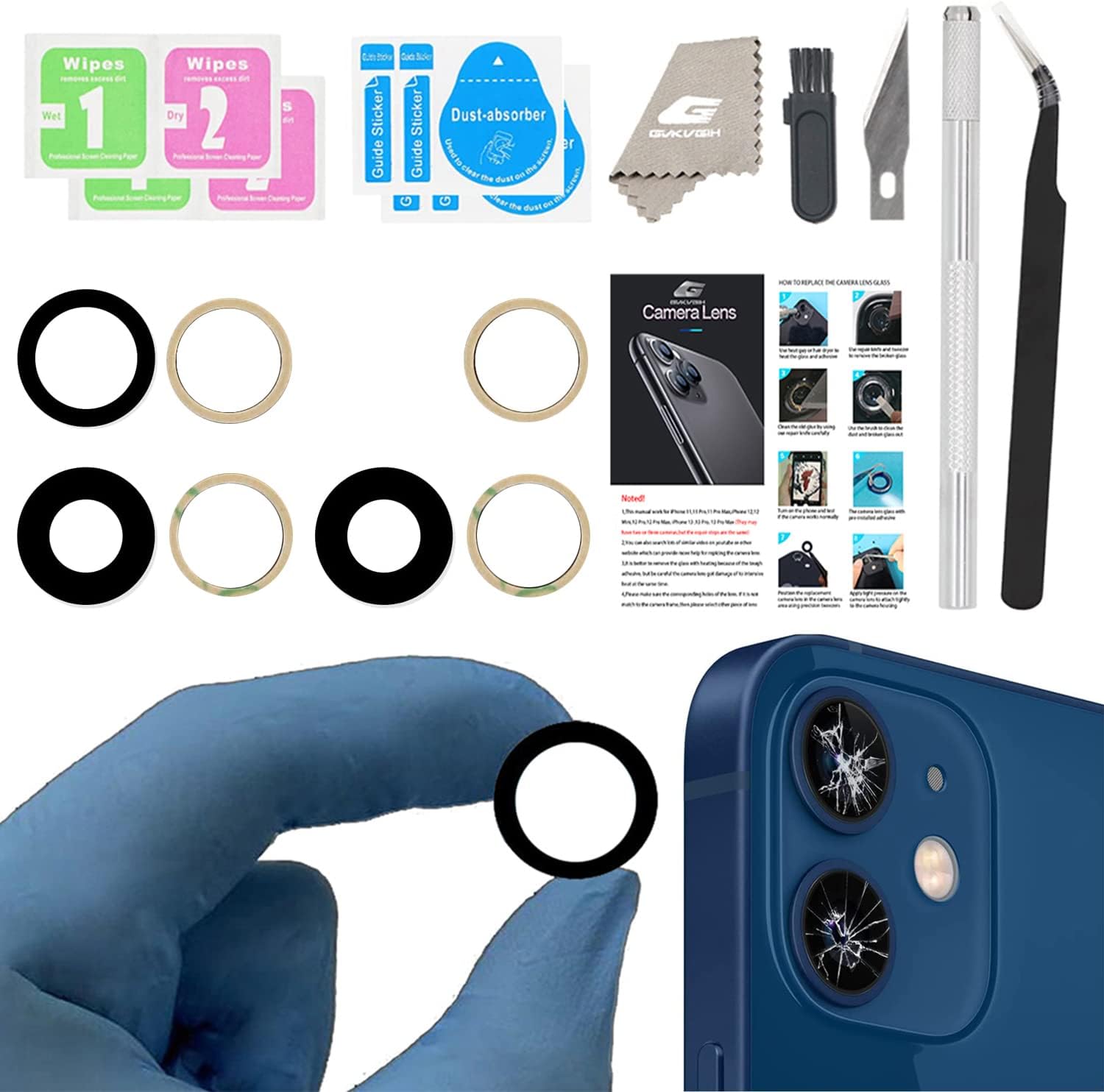 Rear Camera Lens Glass Replacement for iPhone 12 & 12Mini, GVKVGIH Back Camera Lens Replacement with Replacement with Double-Sided Adhesive & Repair Tool Kit (for 12 & 12Mini)