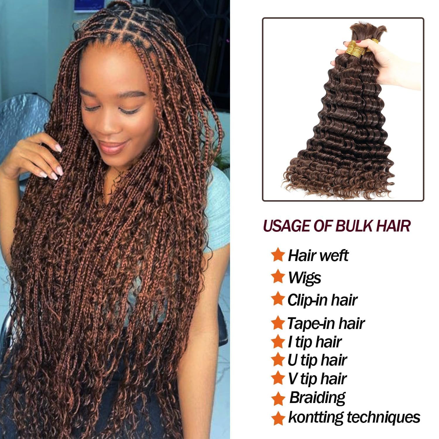 Human Braiding Hair Color 4# 24 Inch Deep Wave 50g Per Bundle 2 Pcs Total 100g Brazilian Virgin Bulk No Weft Braiding Human Hair for Black Women