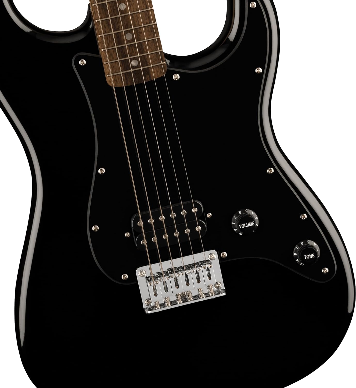 Close-up of the bridge and humbucking pickup on Squier Sonic Stratocaster HT H