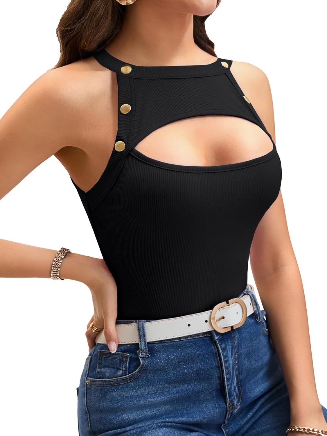 Vrtige Women's Cut Out Crewneck Ribbed Knit Sleeveless Slim Fit Tank Top Shirt - Image 2