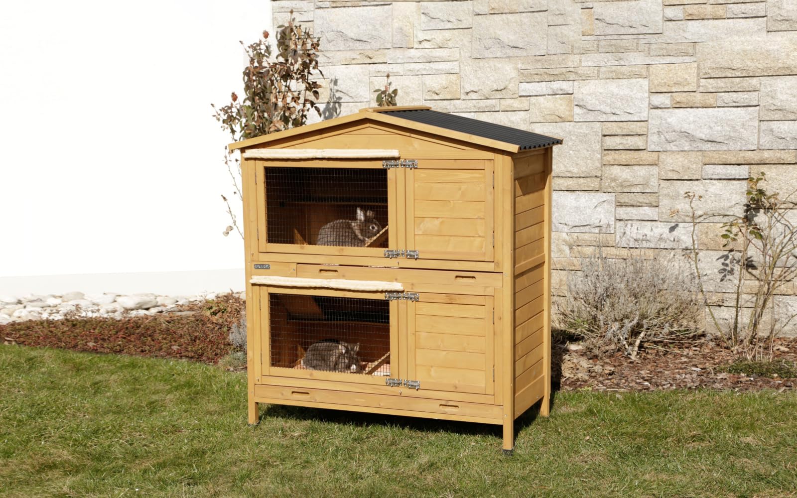 Kerbl Pet Nagerhaus Appartement Pro, 118x61x130 cm, Stall, Holz mit Holzschutzfarbe lasiert, Hasen, Nager, 5 cm hohe Ausziehwanne, wetterfestes Dach