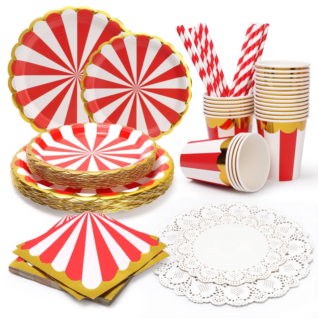 PARTY GO 170PC Red Paper Plates Cups Napkins Straw, Paper Doilies Tableware