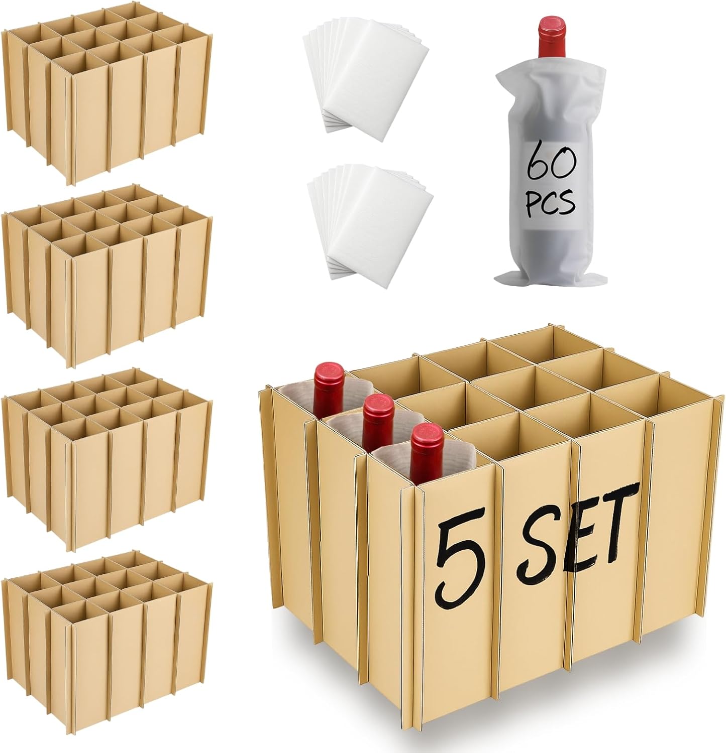 5 Set Cardboard Dividers - Glass Packing Kit Wine Glass Moving Box - Corrugate for Glassware Dish Packing Boxes with 60 Pcs Foam Pouches - Fits 18x14x12 Inch Box (Boxes Not Included)