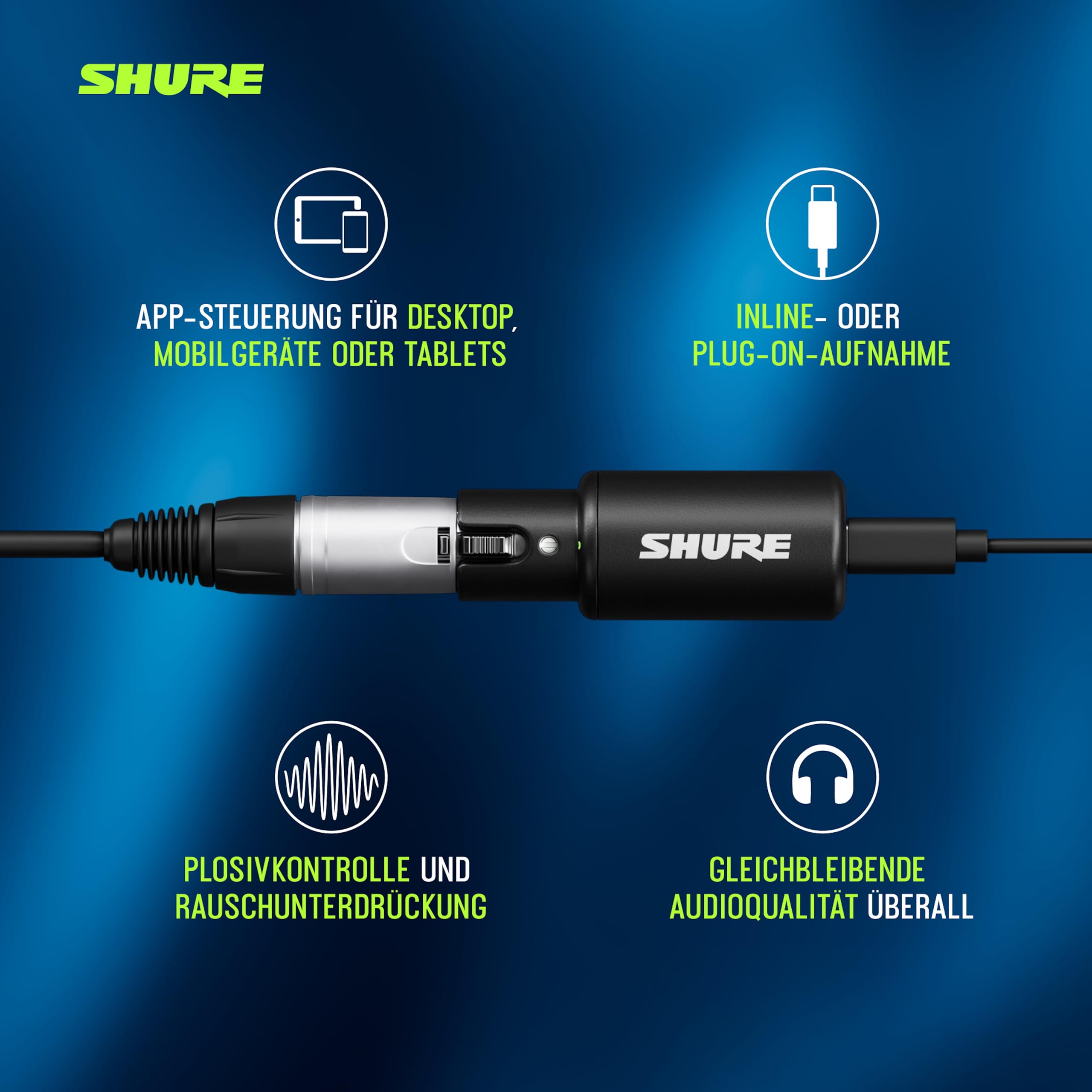 Shure MVX2U Gen 2 Digitales Audiointerface, XLR‑zu‑USB Interface für Mikrofone, für Content Creation und Recording, mit digitaler Audioverarbeitung, kompatibel mit Mac, Windows, iOS & Android‑Geräten