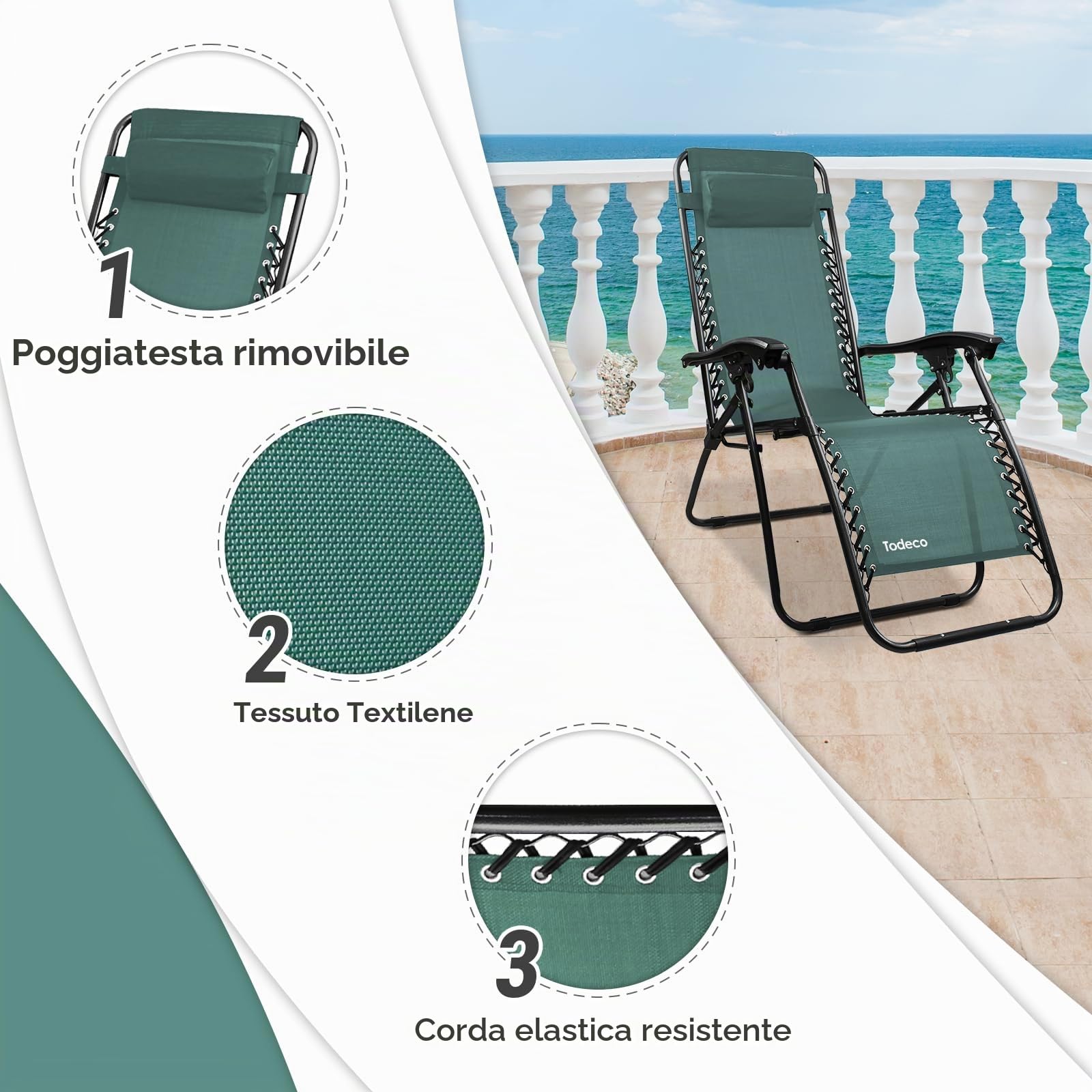 Sotech Sdraio Per Giardino, Sedia Pieghevole A Gravità Zero, 165 x 112 x 65 cm, Verde, con cuscino, Pacco da 2, Textilene, Carico massimo: 100 kg, Materiale: Acciaio
