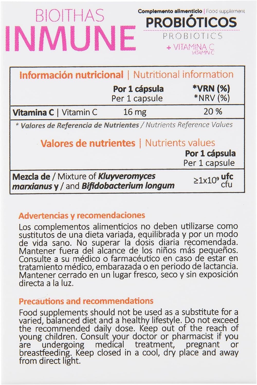 INMUNE - Probiotico para Foratalecer el Sistema Inmune. Con Vitamina C para Reforzar las Defensas. Tiempo recomendado 3 Meses. Envases de 30 cápsulas.