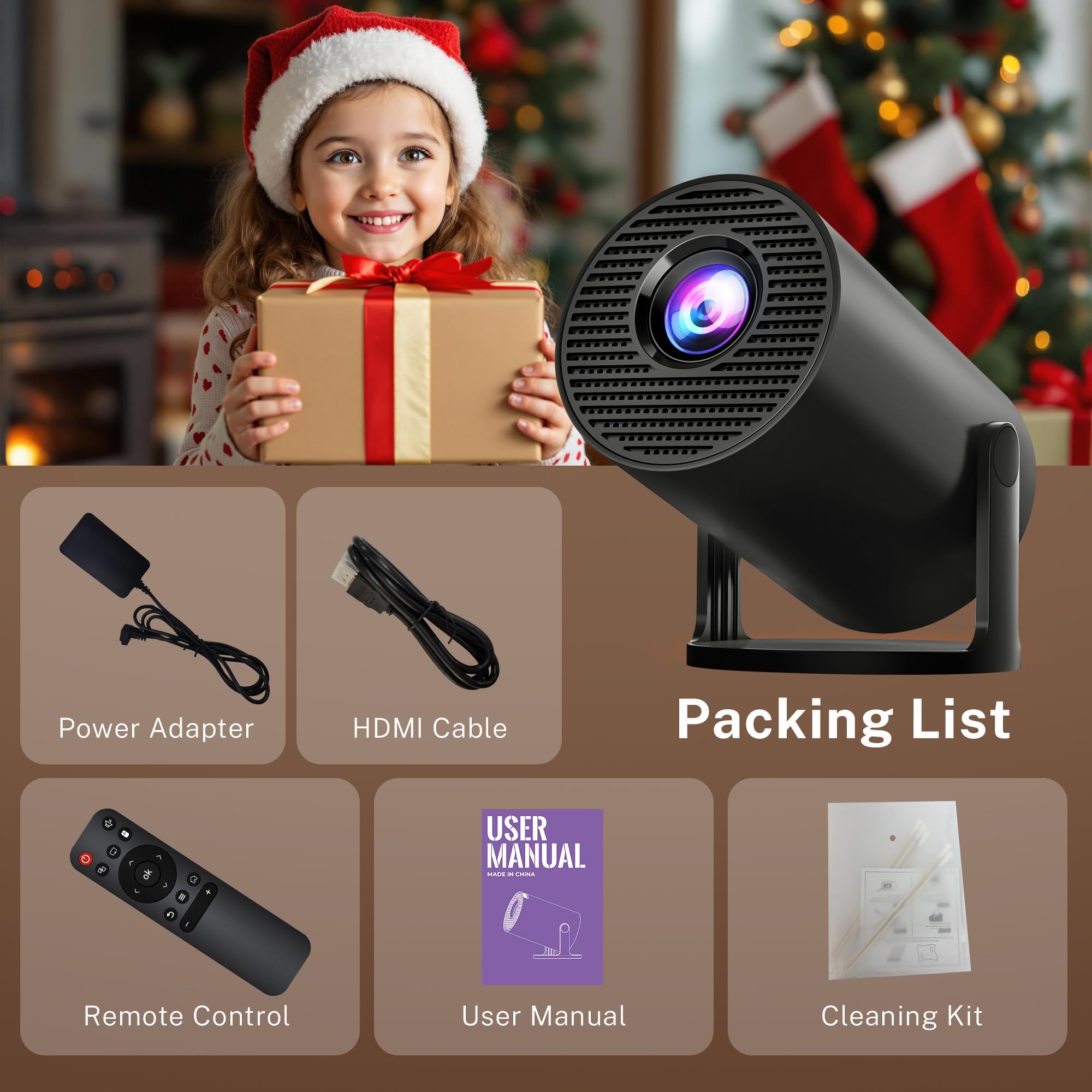 Mini Beamer Native 720P 4K unterstützt Android 14 Smart TV Projektor, WiFi 6 Bluetooth 5.4, Auto-Keystone, 300 ANSI, schwarz