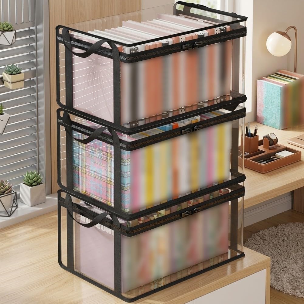 Scatola portaoggetti pieghevole per libri, confezione da 3, trasparente, antipolvere, per scuola, casa, ufficio, in plastica ABS, con coperchio con cerniera, 38 x 25 x 24 cm (nero, grande x 3)