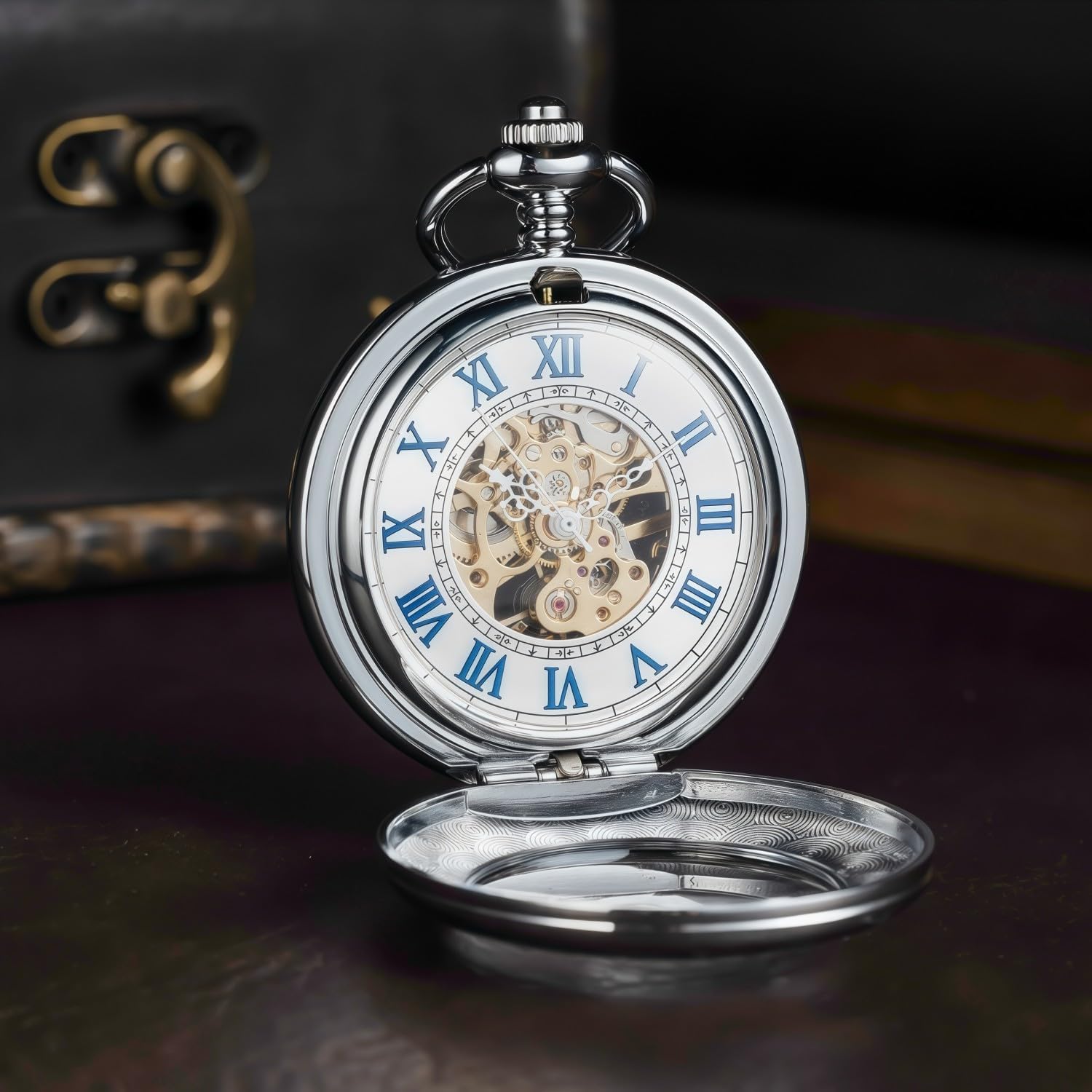 Mechanical Pocket Watch, for Men Women Special Magnifier Half Hunter Engraved Case Roman Numerals with Chain