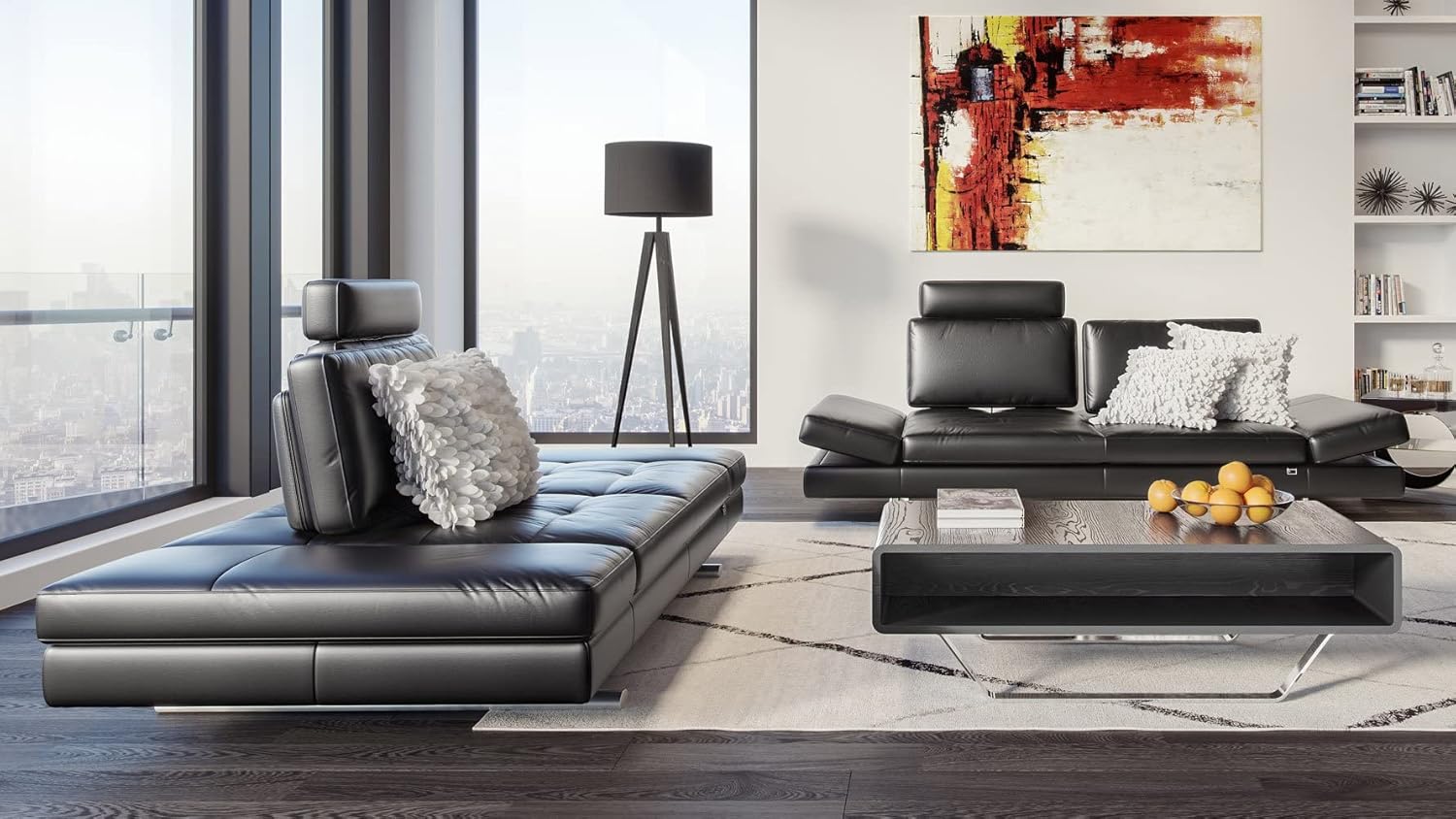 ZURI Bentley Black Top Grain Leather Modern Sofa Set with