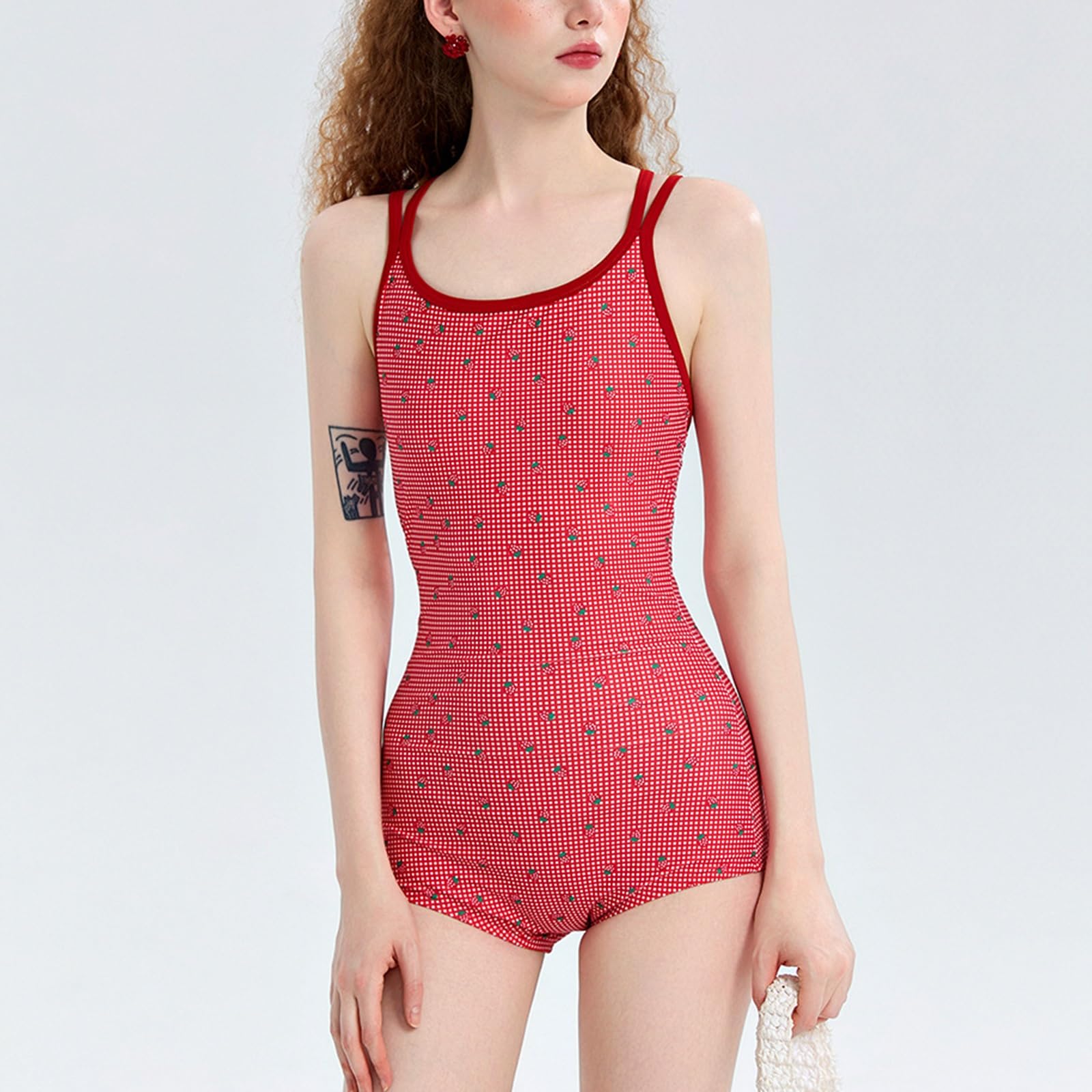 Costume da Bagno Intero A Quadretti Rossi, con Stampa A Fragole, Spalline Incrociate sulla Schiena, Imbottiture Removibili sul Seno, per Le Vacanze al Mare e in Piscina
