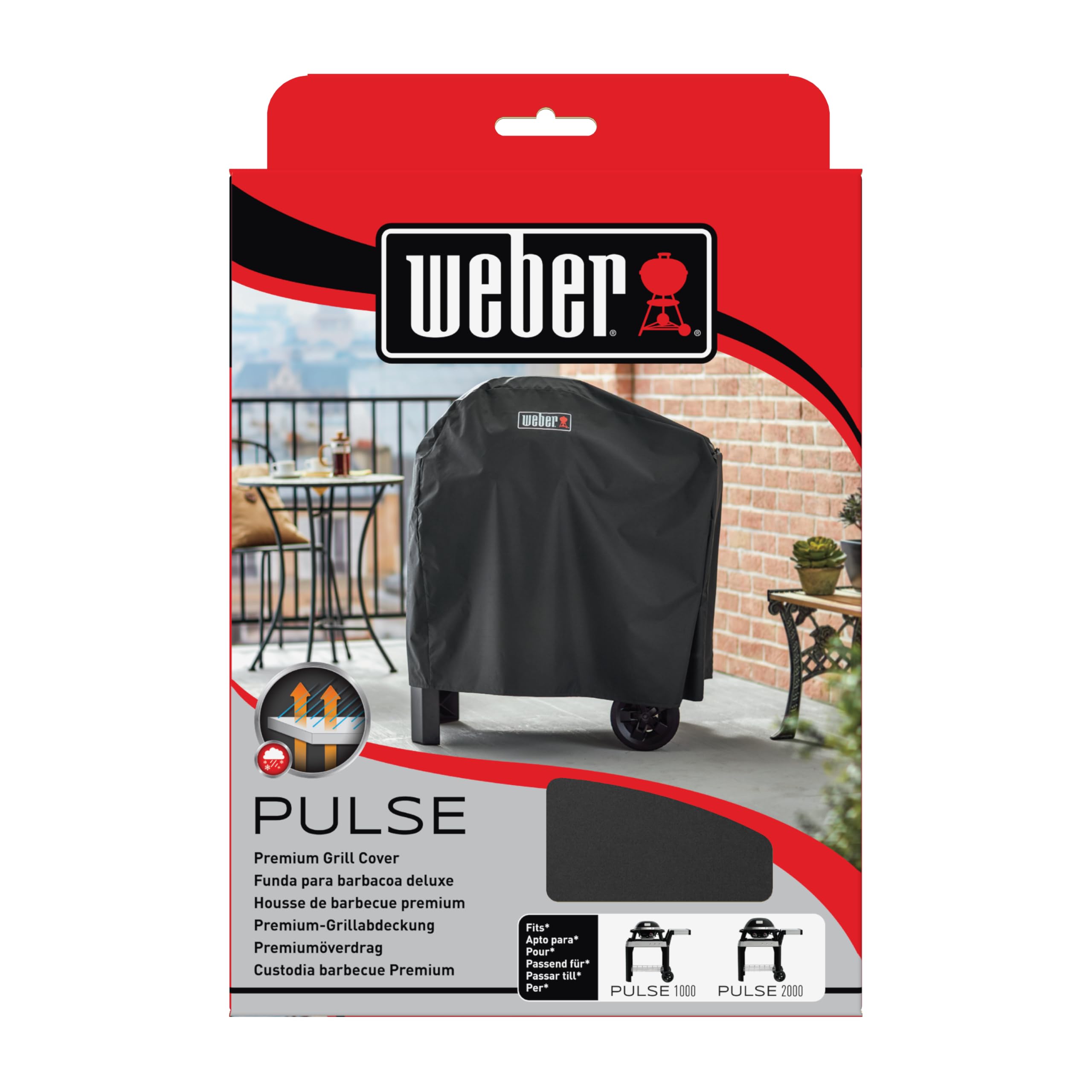 Weber Premium Grill Abdeckhaube für Pulse 1000/2000 mit Rollwagen, atmungsaktiv UV- & wasserbeständig, Schutz for Wind & Wetter, mit Klettverschluss zum Befestigen - Schwarz (7181)