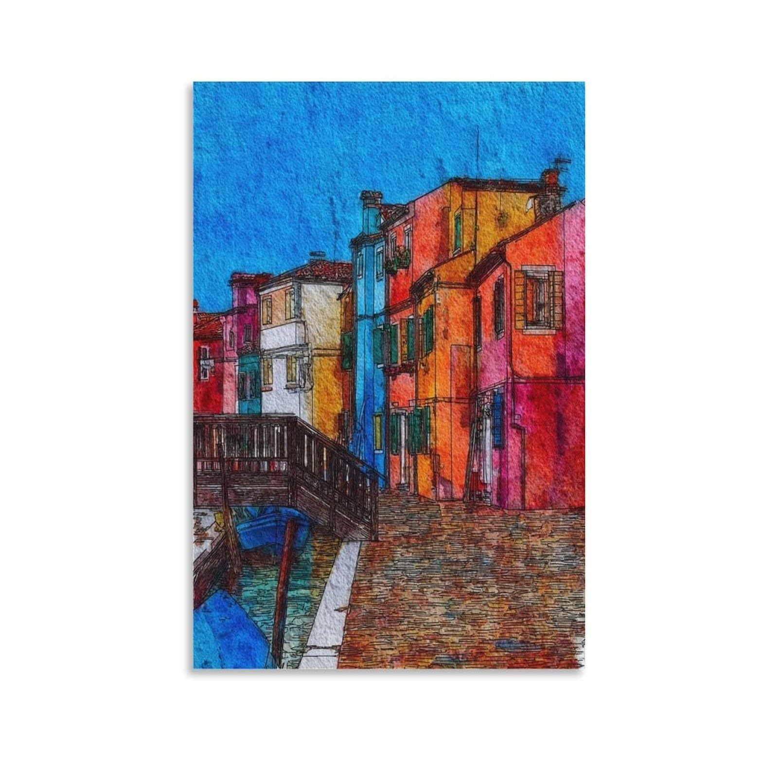 Lcynnh Unframe-Style Burano Italy 08X12inch(20X30cm) Vintage Travel Poster Watercolor Canvas Art