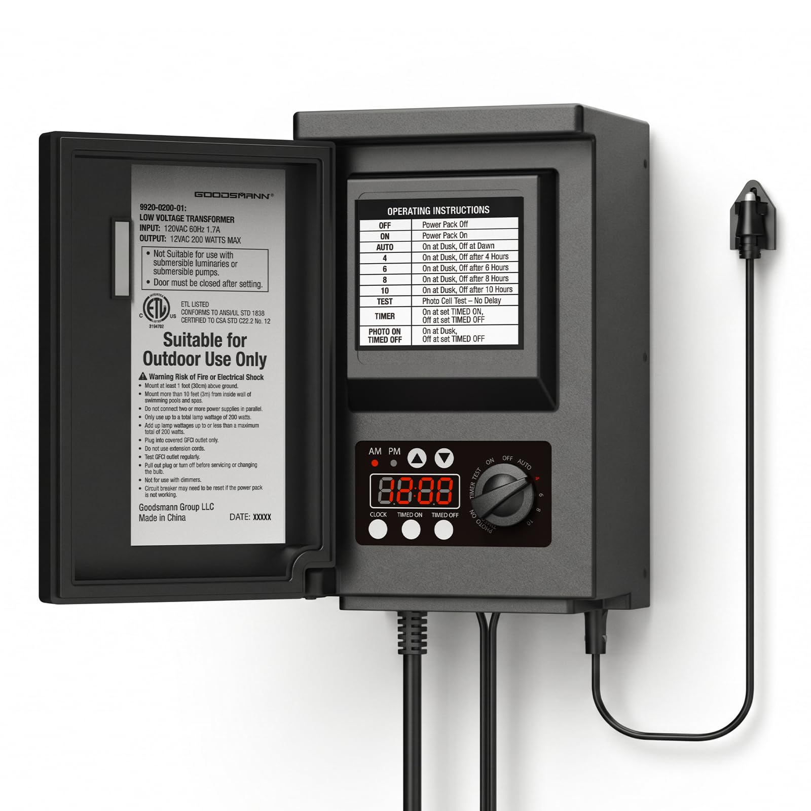 GOODSMANN Transformateur basse tension 200 W avec minuterie, capteur oculaire et protection contre les intempéries pour éclairage extérieur 120 V AC à 12 V CA 9920-0200-01