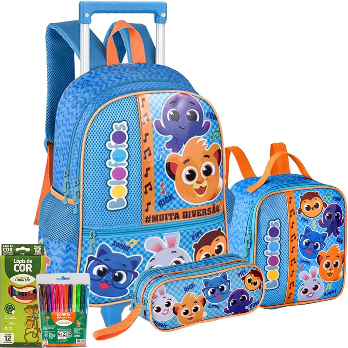 Kit Escolar Infantil Mochila Bolofofos com Lancheira Térmica + Estojo Duplo Conjunto Completo e Resistente para Volta as aulas | Design Colorido e Divertido, acompanha lápis de…
