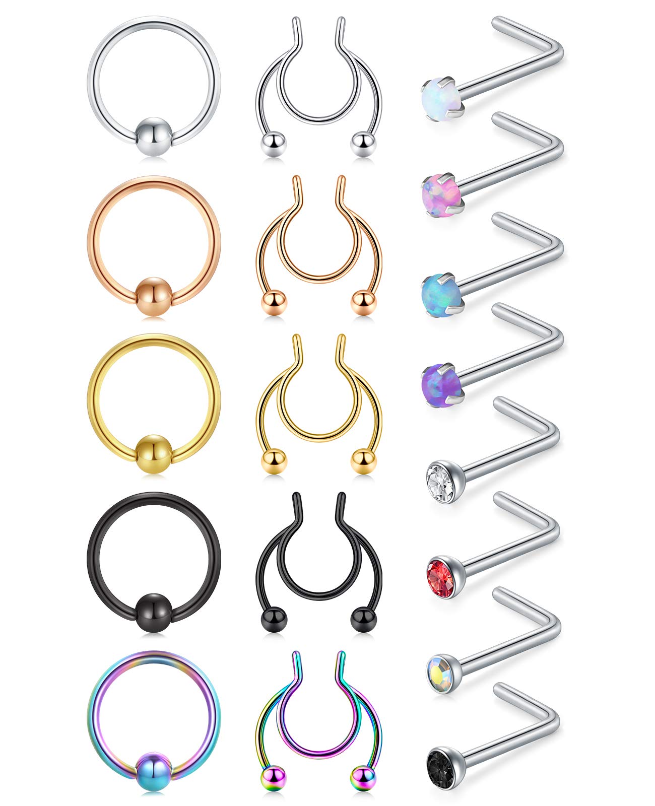 VFUN 15 Piezas 20G Acero Inoxidable Piercing Nariz Anillo Piercing Falso Piercing Labio Mujer Hombre Piercing Joyería