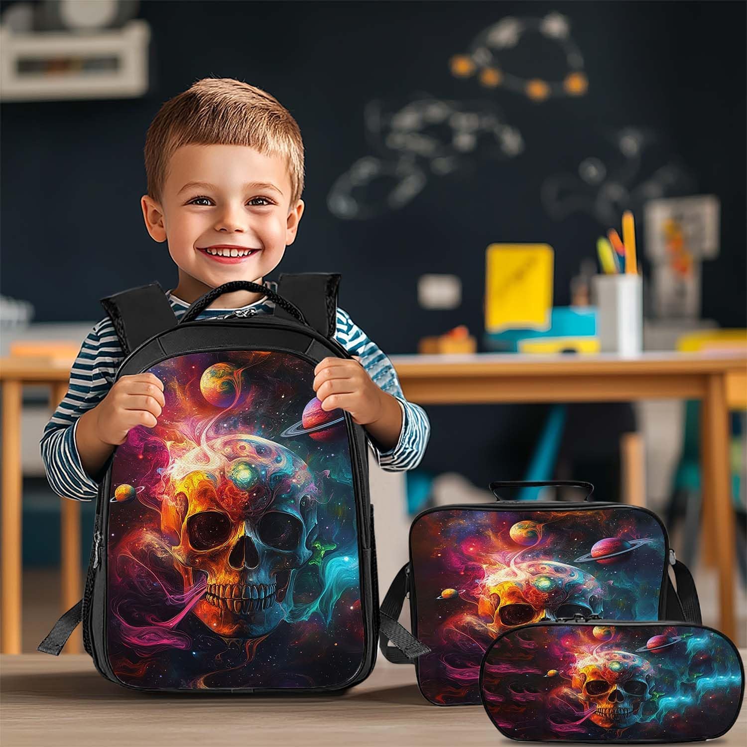 Skull Backpack 3PCS 16" Preschool Elementary Schoolbag with Lunch Box Pencil Case Bookbag Set for Girls Boys Kids Children Teens School Students - Image 4