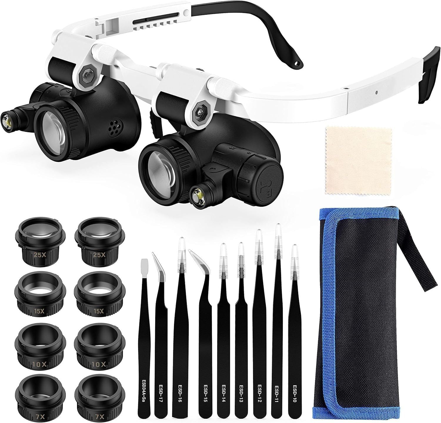 Adjustable Headband Magnifying Glass with Led Light, 4 Removable Lenses, 2 LED Lights, Hands-Free Reading Magnifier for Close Work, Jewelry, Craft, Watch, Hobby and Reading (7X, 10X, 15X, 25X)