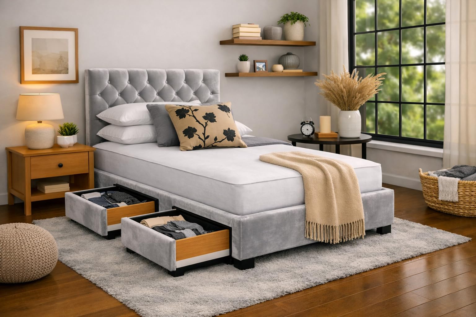 Divan Bed with Mattress | Single 3FT | Choice of Colours | 2 Storage Drawers | Toronto Headboard | Bed Frame with Mattress Included (Silver Plush Velvet)