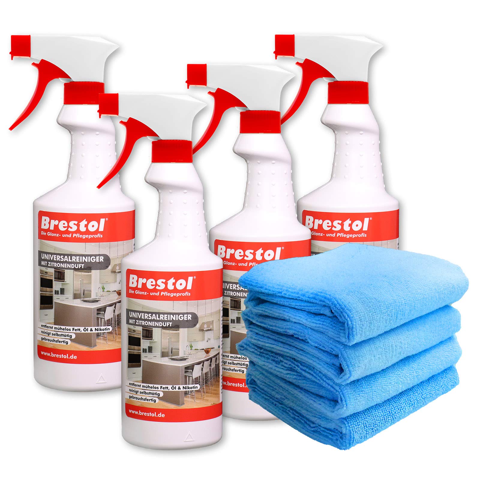 FETTLÖSER Zitrone SET6 (4x 750 ml gebrauchsfertig + 4x Mikrofaser Universaltuch 40 x 40 cm blau) Nikotinentferner Allzweckreiniger Küchenreiniger Entfetter für Dunstabzugshauben