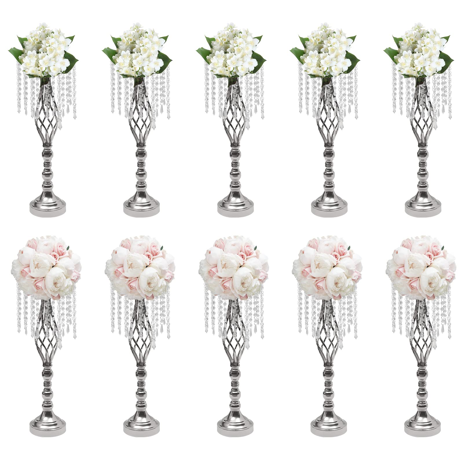 OUKANING Lot de 6/10 supports de fleurs de mariage en cristal avec suspension - Pour décoration de table et de couloir - Décoration DIY pour mariage, événement et maison - Argenté - 10 x 55 cm