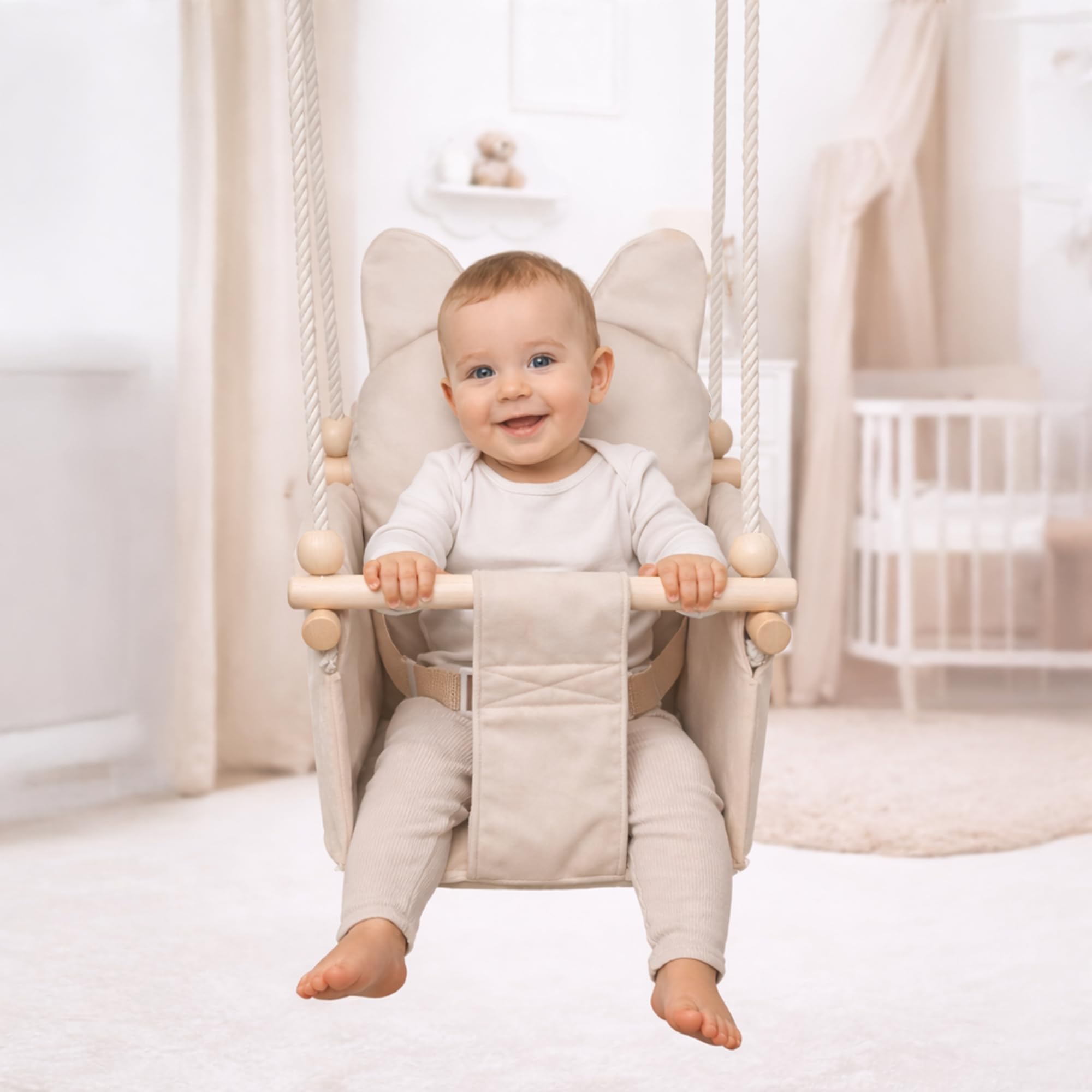 MAMOI Columpio infantil con cinturón de seguridad, altura ajustable 150–190 cm, columpio para casa, construcción estable, asiento de terciopelo, montaje fácil, columpio infantil para interior
