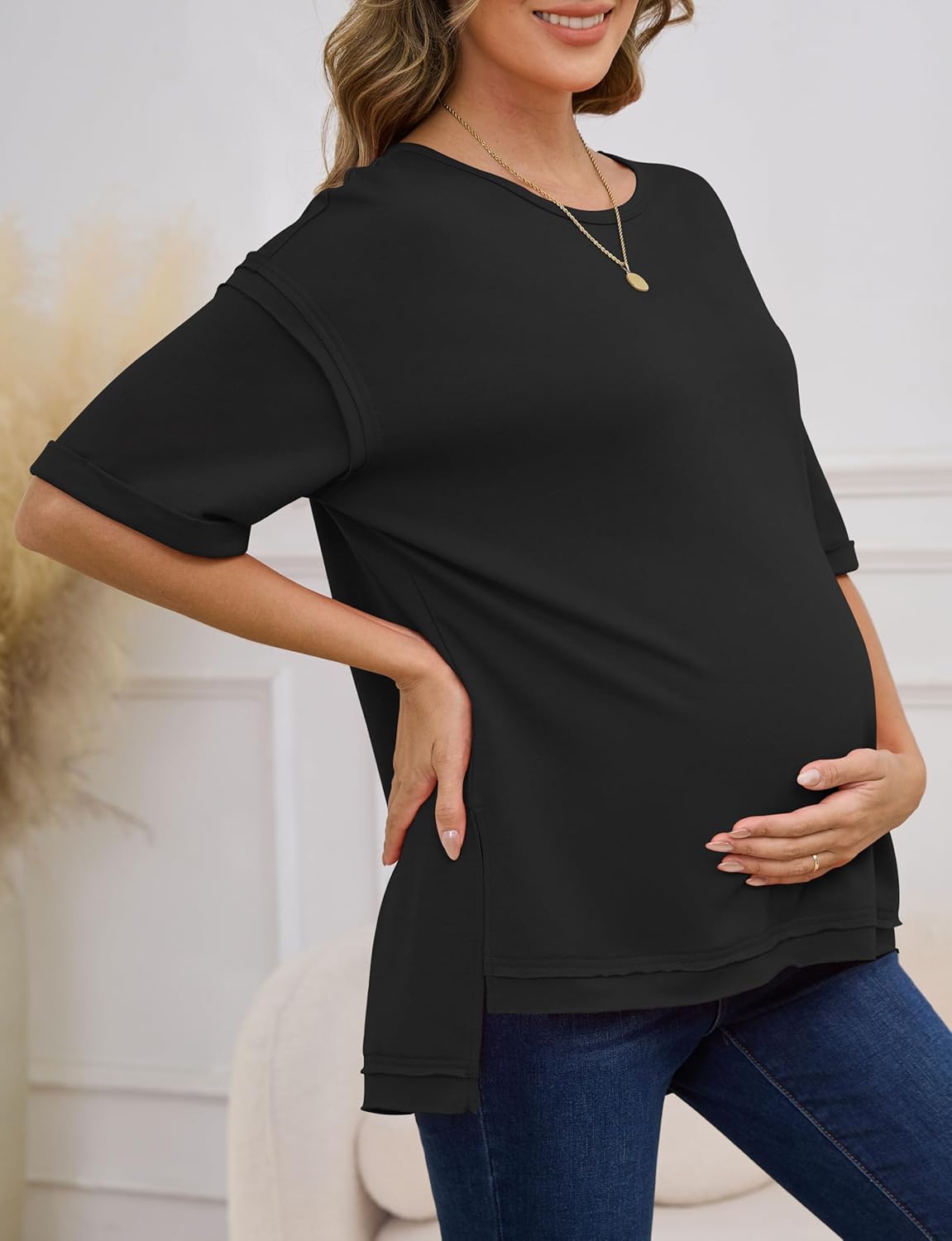 RUBZOOF Women's Oversized T Shirts Short Sleeve Side Split Tops Casual Shirts Tunic Maternity Mama Clothes - Image 4