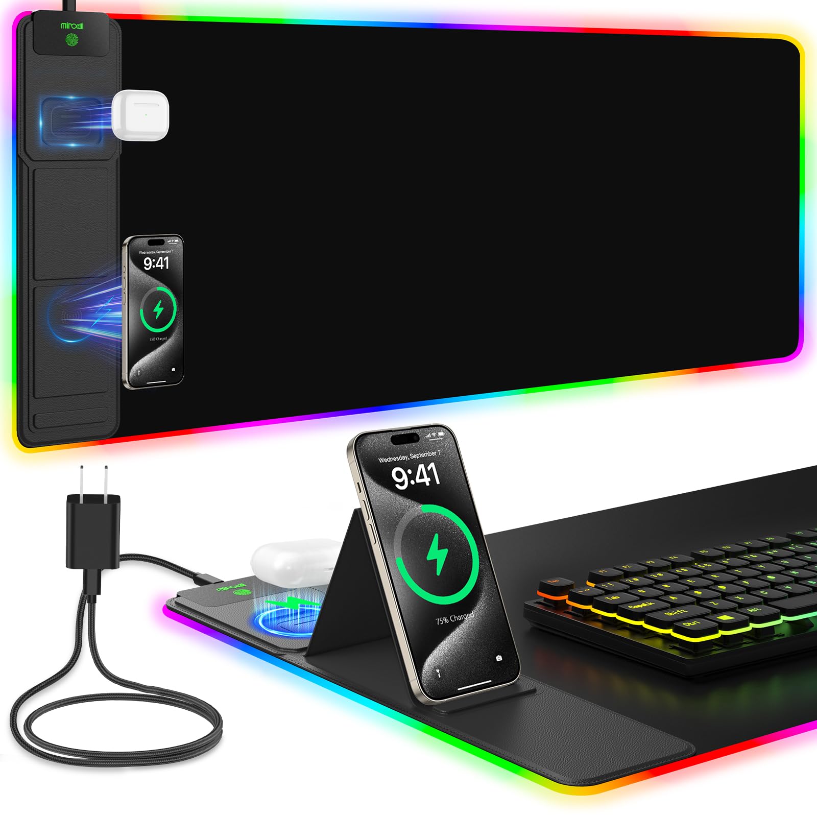 Mouse Pad with Foldable Phone Holder &amp; Wireless Charger, XXL RGB Gaming Mousepad 31.5"x15.8" Large Desk Mat for Keyboard, Black Desk Pad with Dual Qi Charging Station | 11 Colors 5 Modes | Waterproof