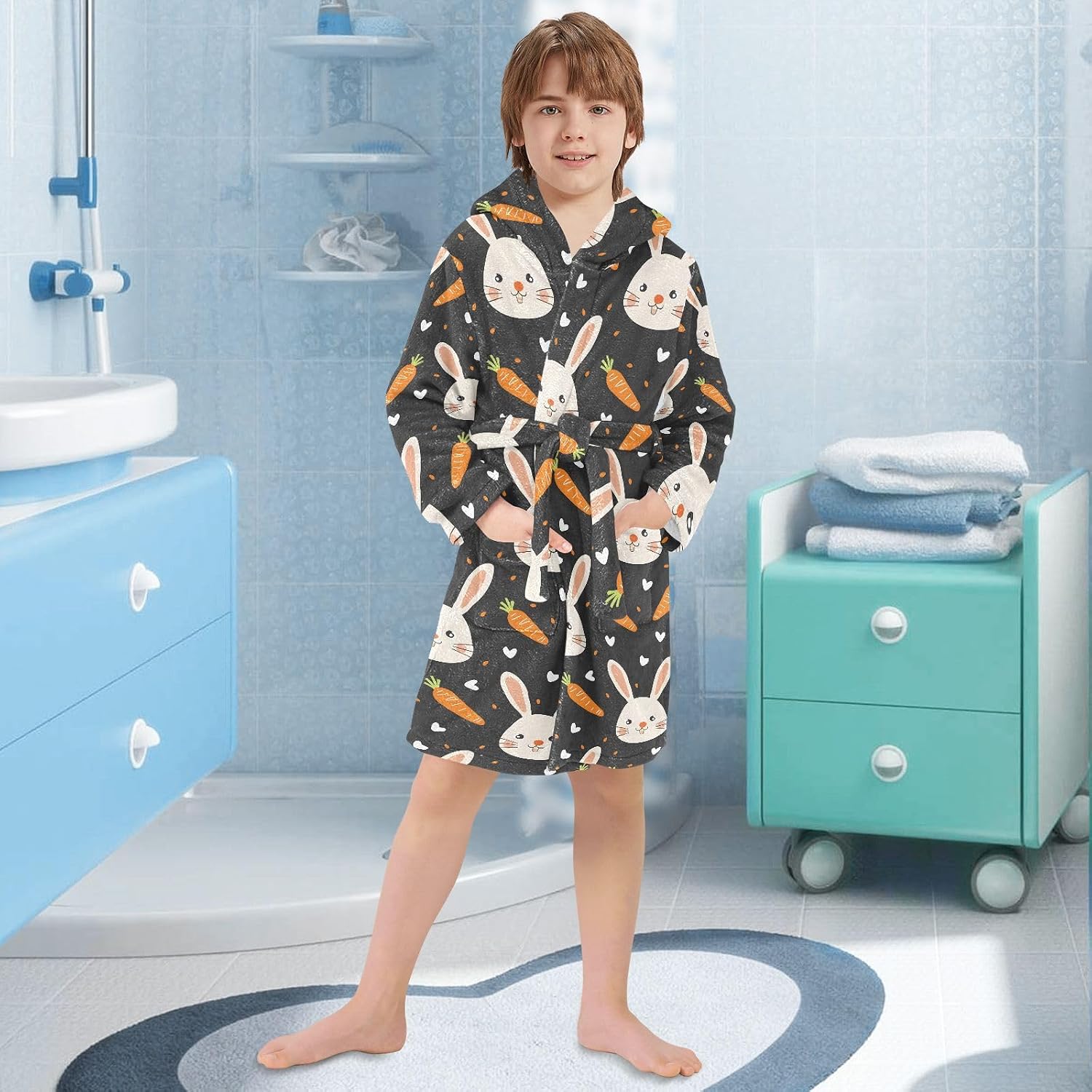 senya Face Rabbit Orange Toddler Hooded Bathrobe Kids Soft Plush Bath Towel Robes for Boys Girls 2-12 Years