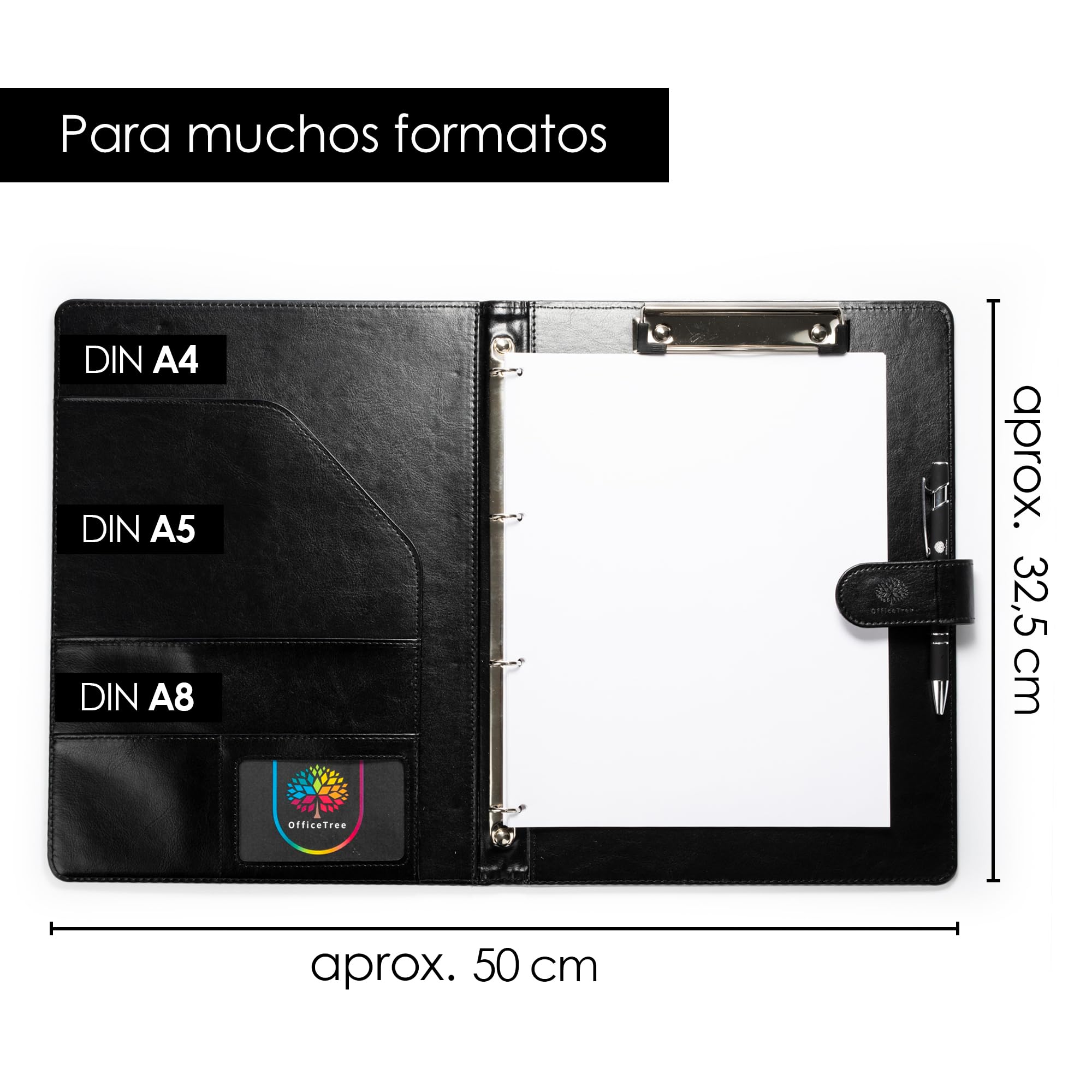 OfficeTree Portadocumentos A4 Con Bloc de Notas y Bolígrafo Negro - Carpeta de Conferencia Con Anillas - Organizador Portapapeles DIN A4 - Portafolios Negro