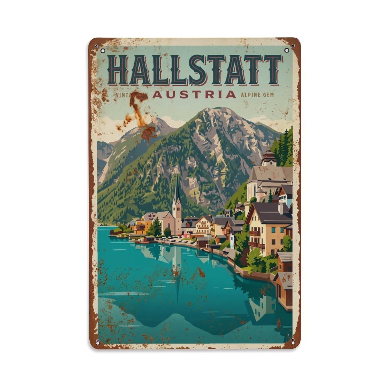 Cmhok Vintage Style Vintage Travel Hallstatt Austria 1 Metal Tin Sign Wall Decor For Cafe, Club, Garden Metal Poster 8X12inch