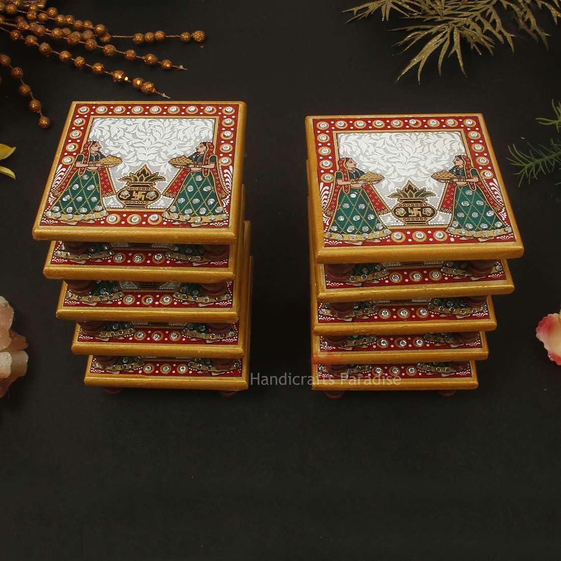 Handicrafts Paradise Marble Puja Chowki Set of 10 pc with Kalash