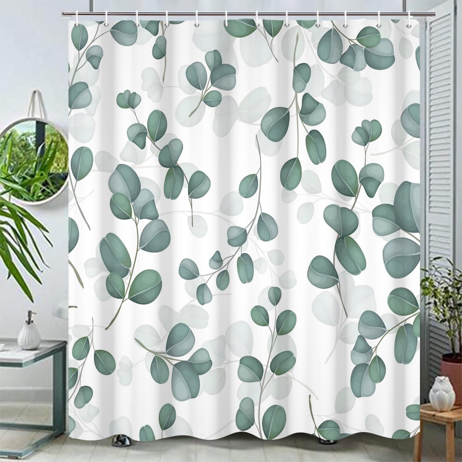 Umpoo Shower Curtains Green Eucalyptus Leaves Cute Branches Leaf Print Pattern Bathroom Decor Fabric Waterproof Polyester Bath Curtain Set with Hooks,