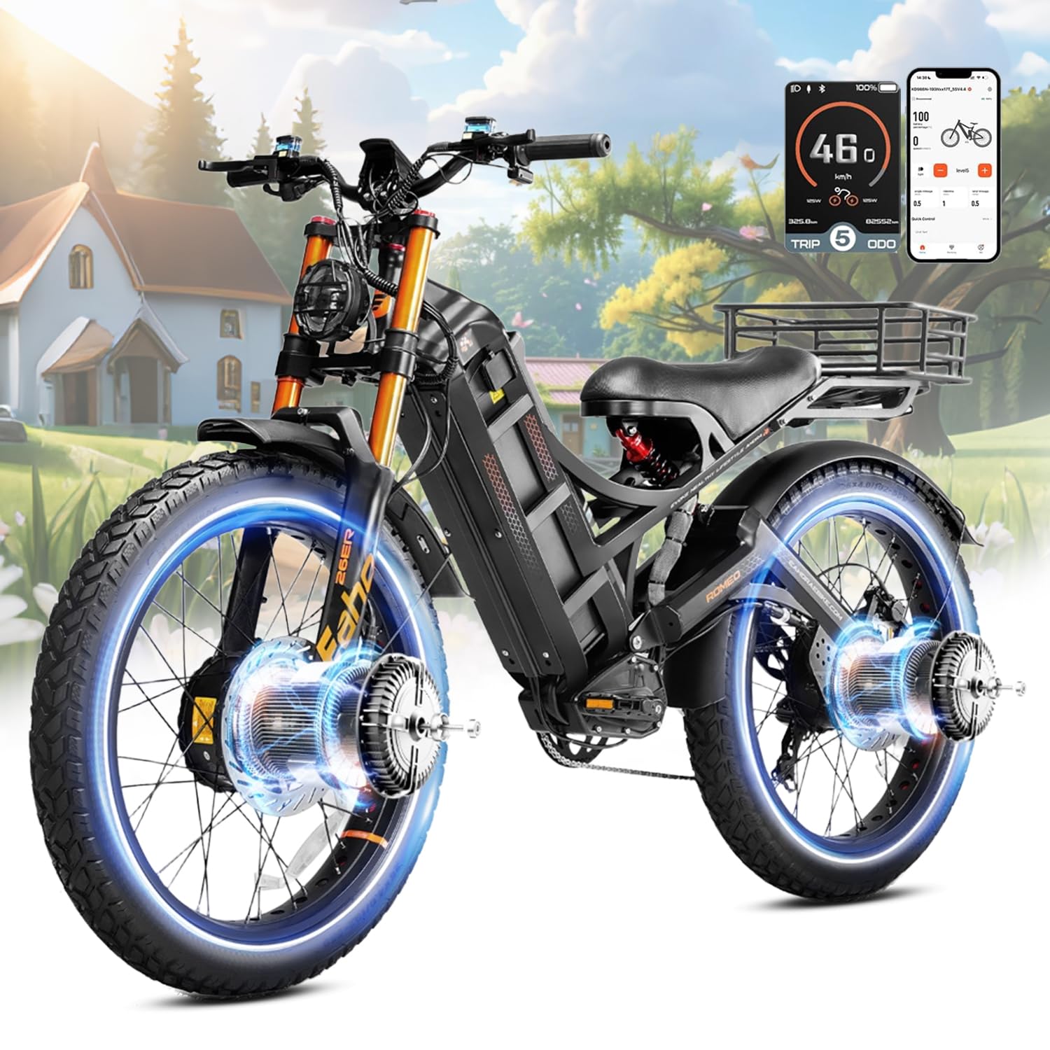 Eahora Romeo Pro Ⅲ/Ⅱ Ebike - Dual Motor 46-50MPH 5000W/4000W 60V 80Ah 200Miles Electric Bike for Adults, Long Range Electric Mountain Bike 26" Fat Tire Air Full Suspension E-Bike with UL2849