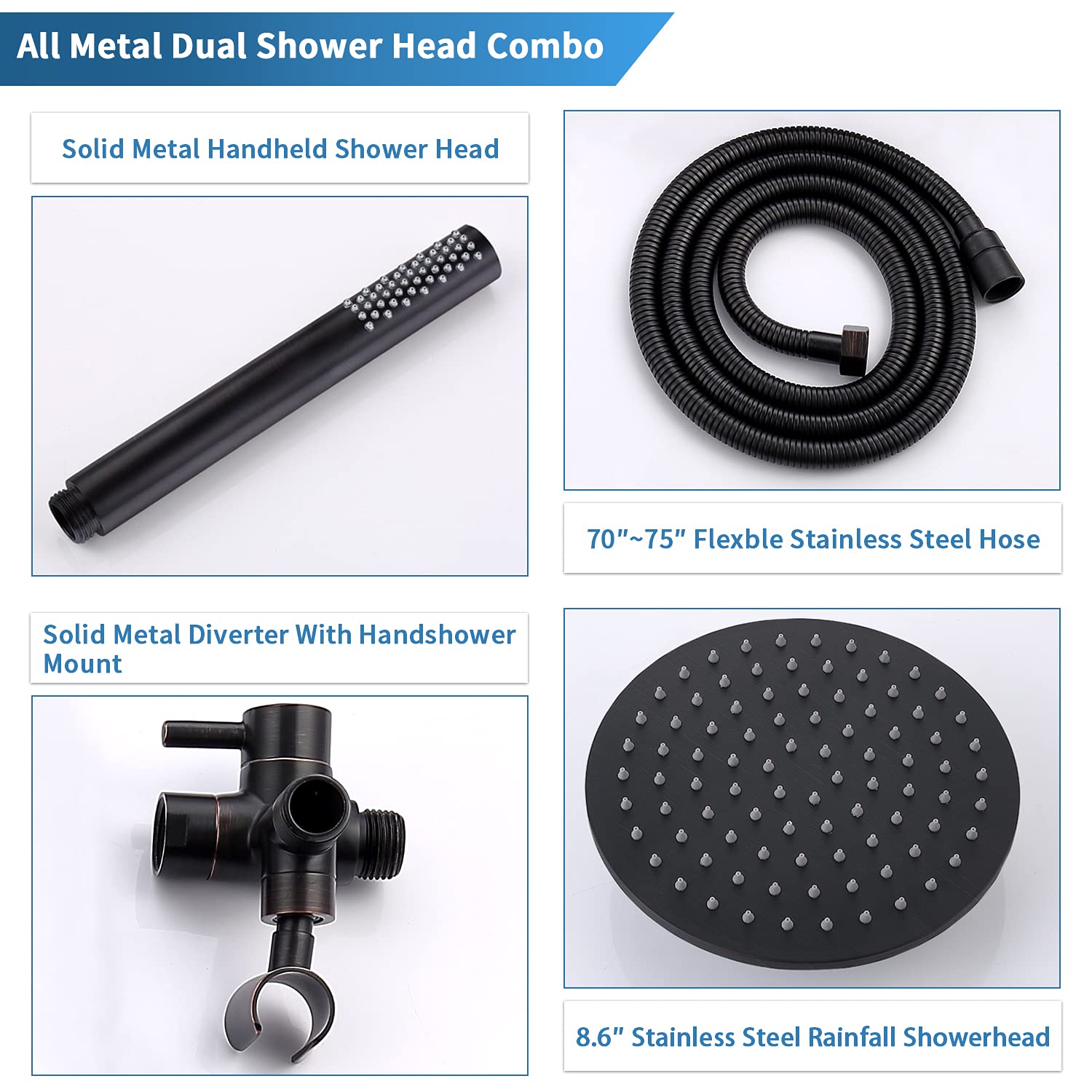 G-Promise All Metal Dual Shower Head Combo | 8" Rainfall Shower Head, Handheld Shower Wand | Smooth 3-way Diverter | with Adjustable Extender - An Upgrade of Shower Experience??êOil Rubbed Bronze??ë