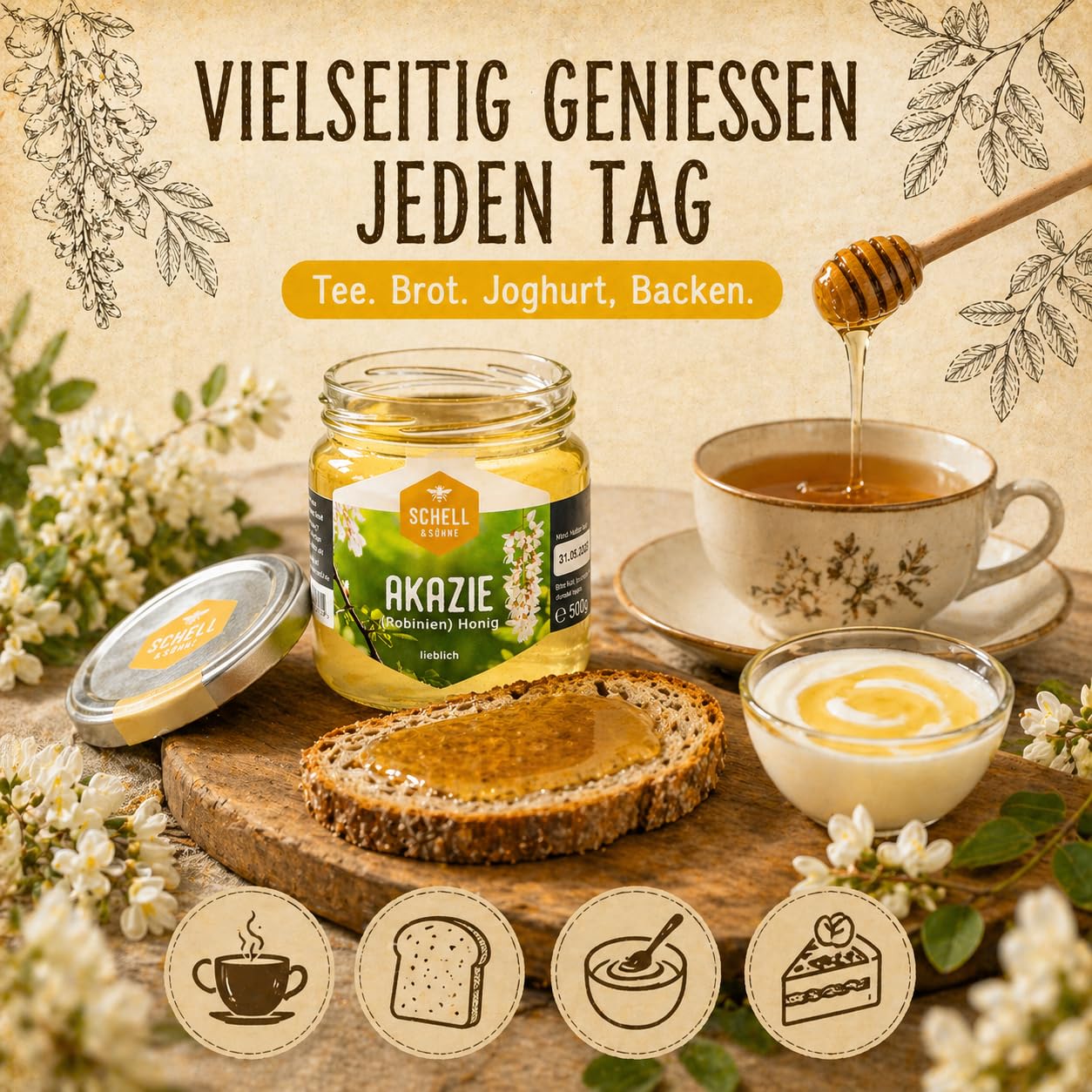 Deutscher Akazienhonig 6 x 500g - Vorteilspack - Robinienhonig - Imkerei Schell Honig aus eigener Produktion - 100% Deutscher Honig