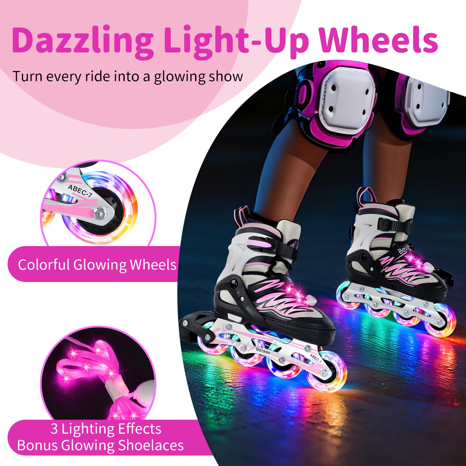 BELEEV Patines en Línea para Niños con Cordones y Ruedas Luminosas LED, Austables Patines Ideal para Niña Niño Principiantes Hombres Mujeres, Interiore Exteriores, Regalos cumpleaños Navidad - 3