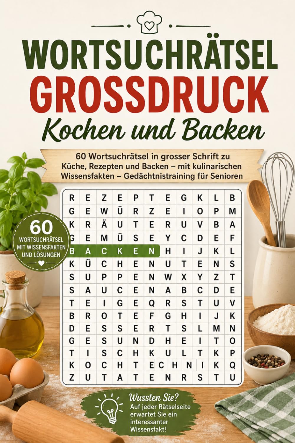 Wortsuchrätsel Grossdruck – Kochen und Backen: 60 Wortsuchrätsel in grosser Schrift zu Küche, Rezepten und Backen – mit kulinarischen Wissensfakten – Gedächtnistraining für Senioren mit Lösungen