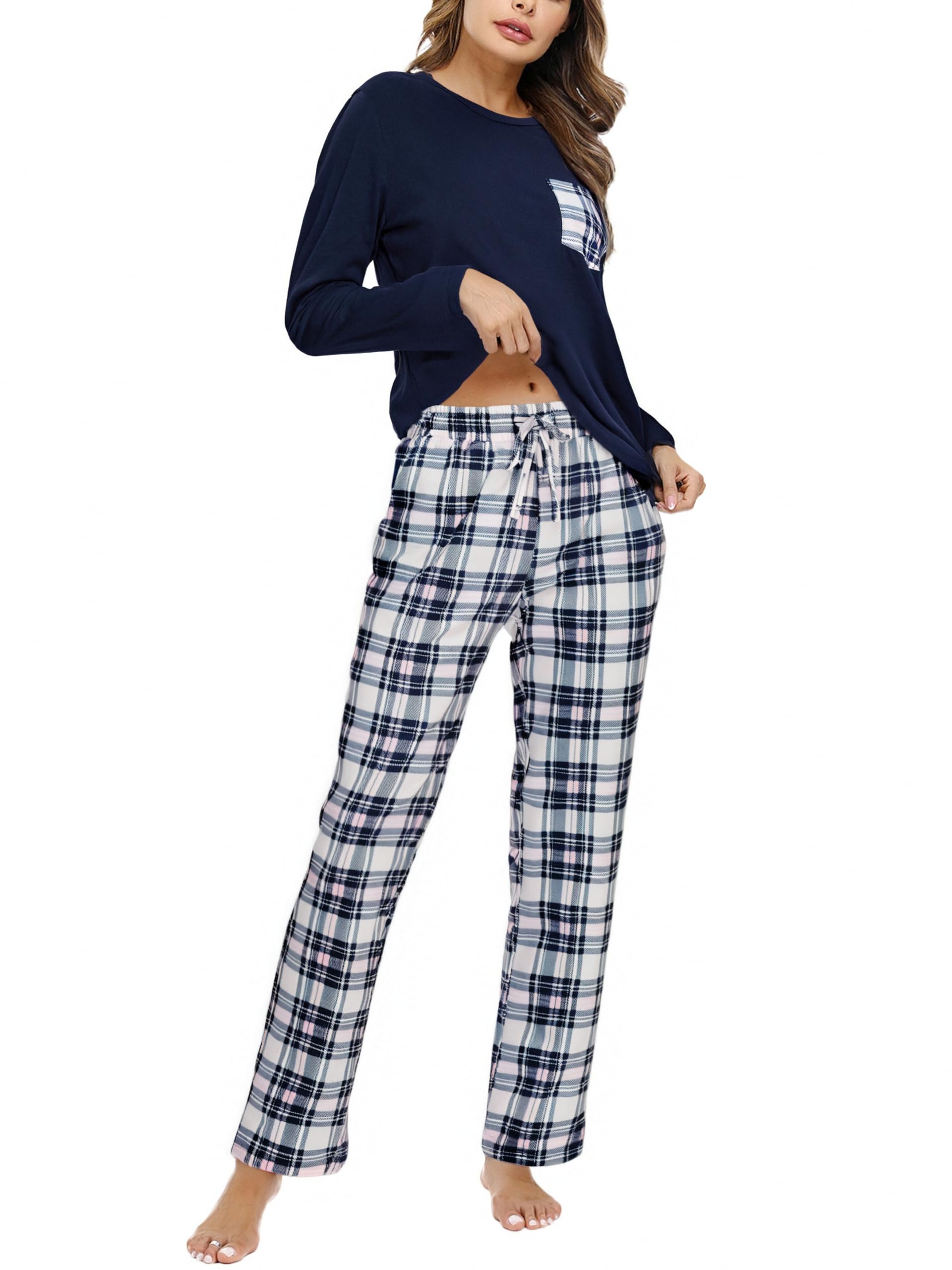 Aseniza Schlafanzug Damen Lang Pyjama Set Baumwolle Nachtwäsche Winter Zweiteiliger Schlafanzüge Hausanzug mit Karierte Hose