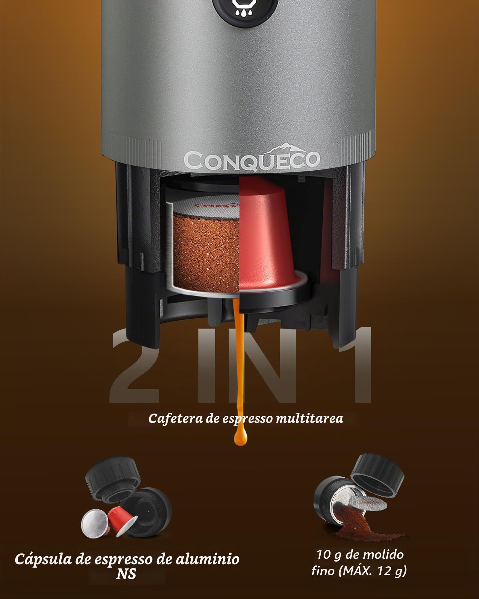 CONQUECO Cafetera Portátil con Cápsula de Espresso - 12V Máquina de Café Electrica con Batería - para Coche Camión y Viajes - Compatible con Cápsulas Originales Nespresso y Cápsula L'or