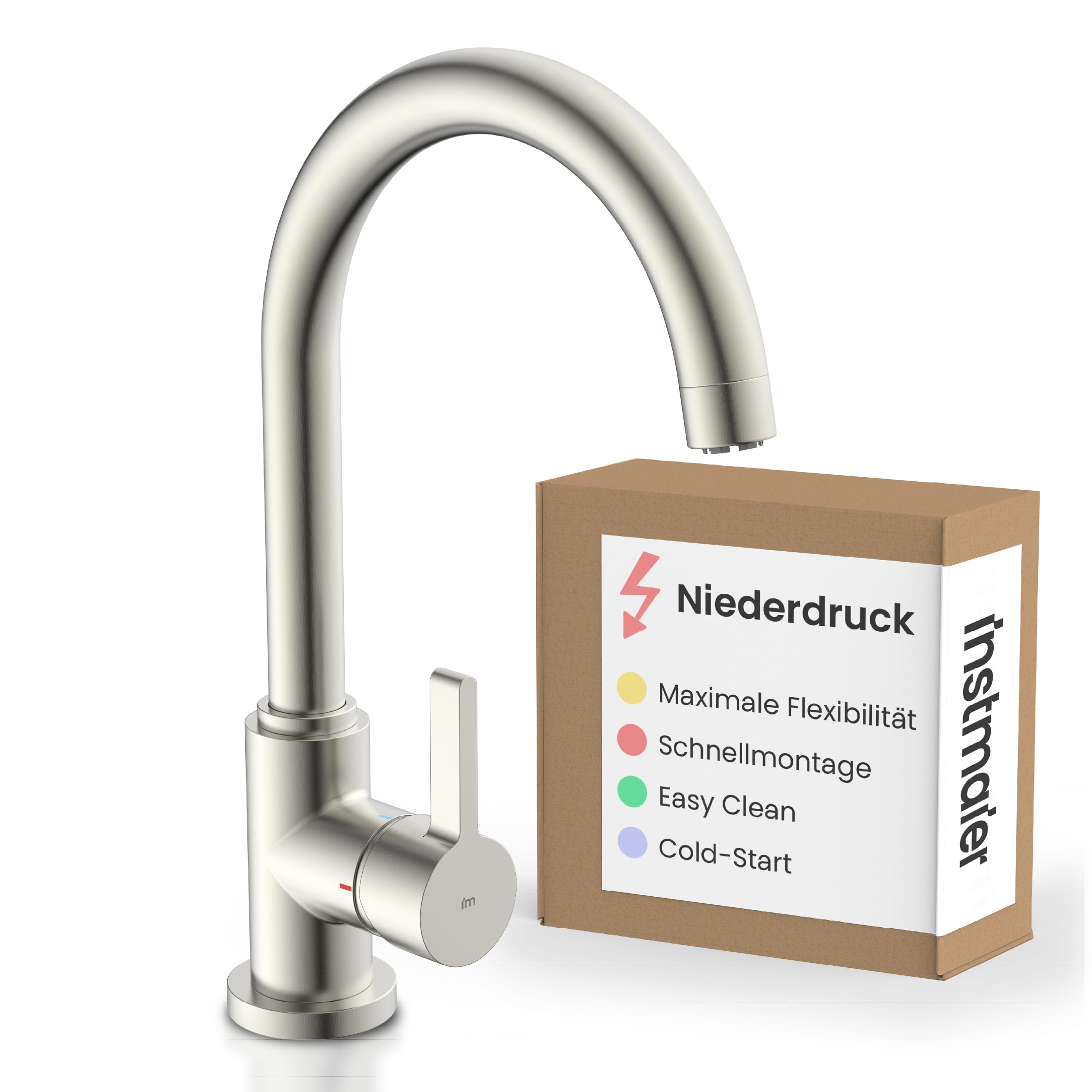instmaier Leona | Niederdruck Küchenarmatur 360° schwenkbar | Edelstahl | Wasserhahn Küche | Spültischarmatur mit hohem Auslauf | Armatur Spüle | Einhebelmischer | Mischbatterie