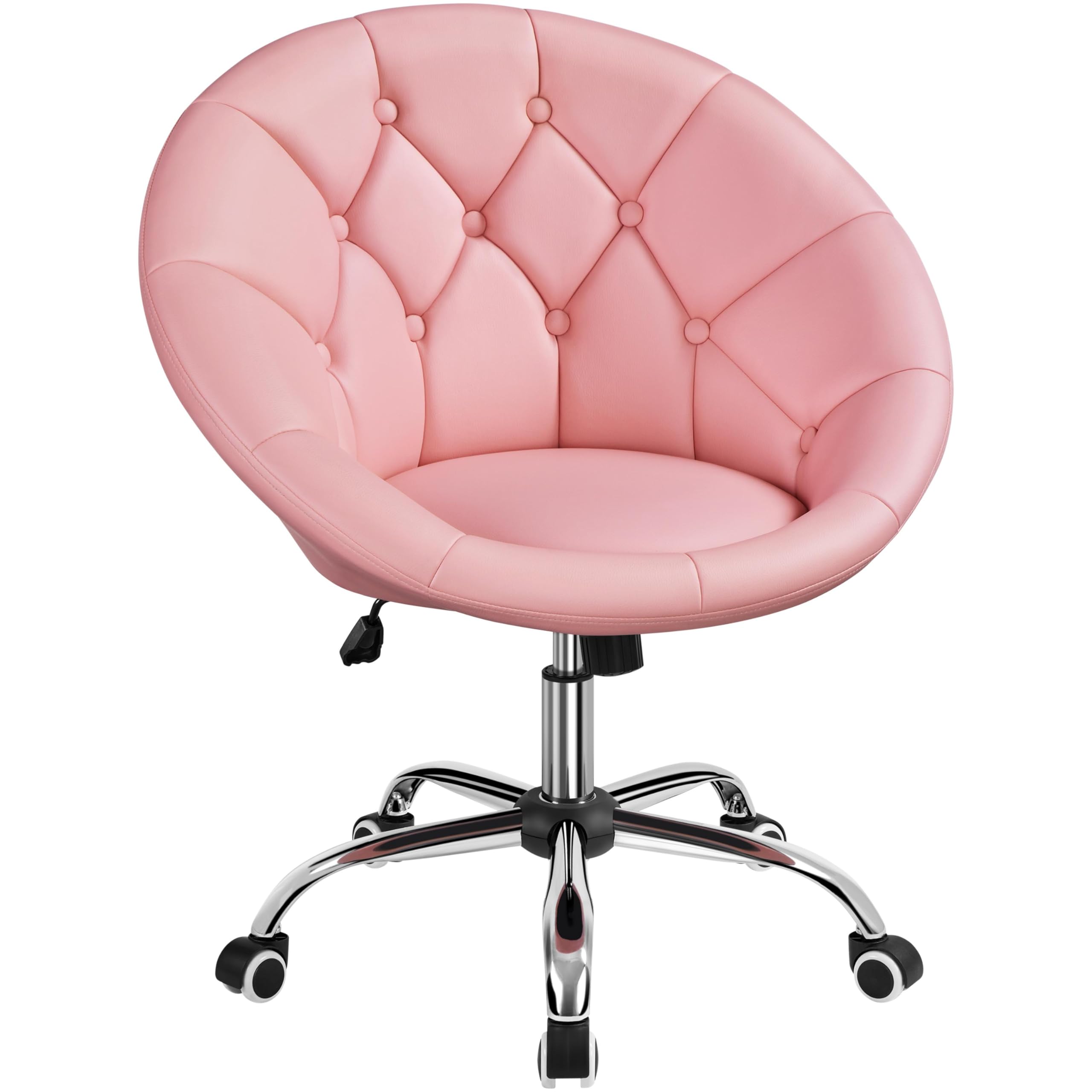 Yaheetech Schreibtischstuhl Schminktisch Stuhl, Homeoffice Stuhl, Bürostuhl, höhenverstellbar Bürosessel mit Getuftetem Sitz, Runder Drehstuhl mit Rollen, Arbeitsstuhl aus Kunstleder, Rosa