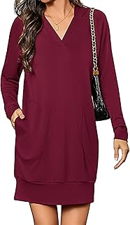 Vestido con capucha de gran tamaño para mujer, casual, manga larga, cuello en V, sudadera con capucha y bolsillos, trajes de otoño 2025