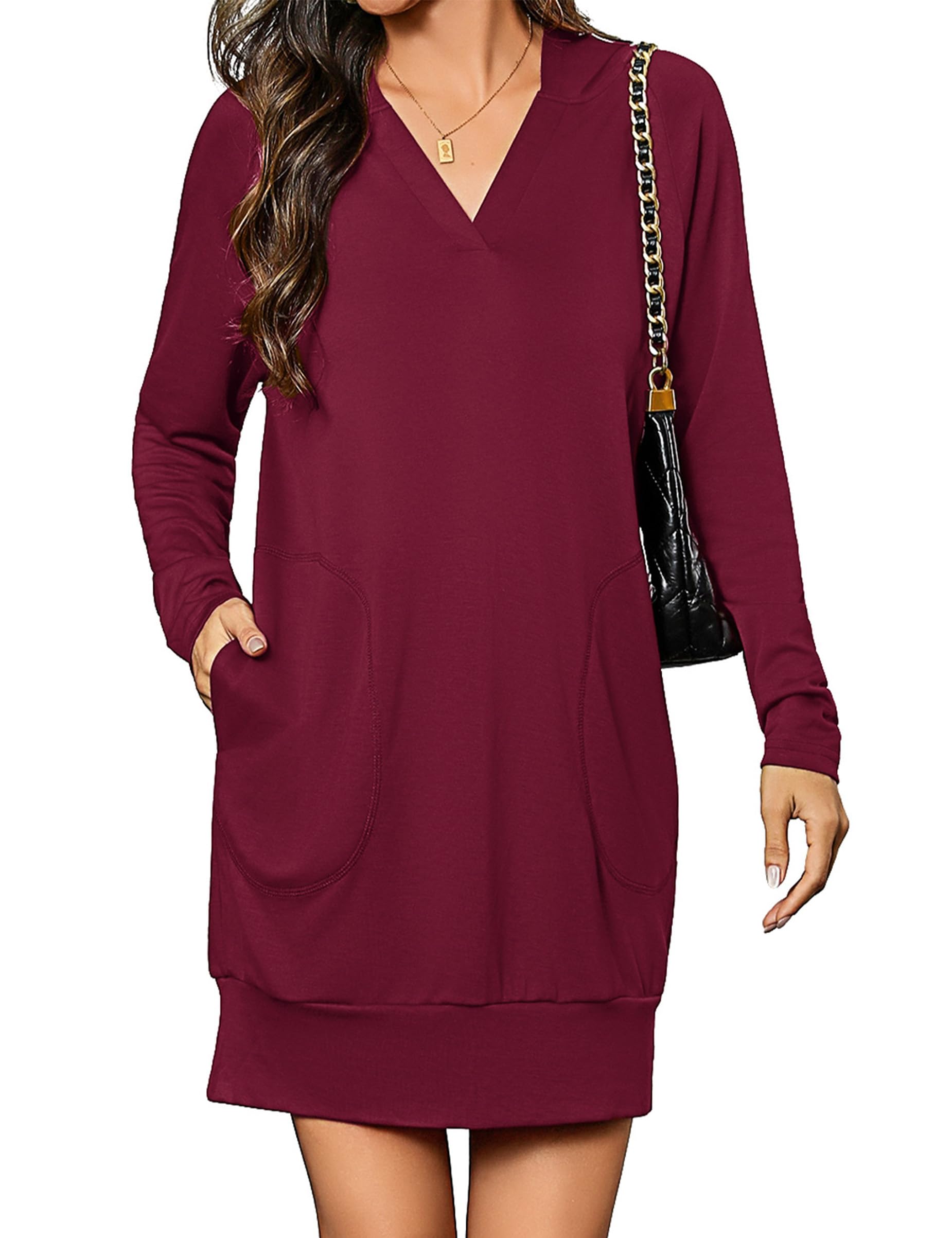 Totatuit Women Oversized Hoodies Dress Casual Long Sleeve V-Neck Hooded Sweatshirt Dress with Pockets 2025 Fall Outfits