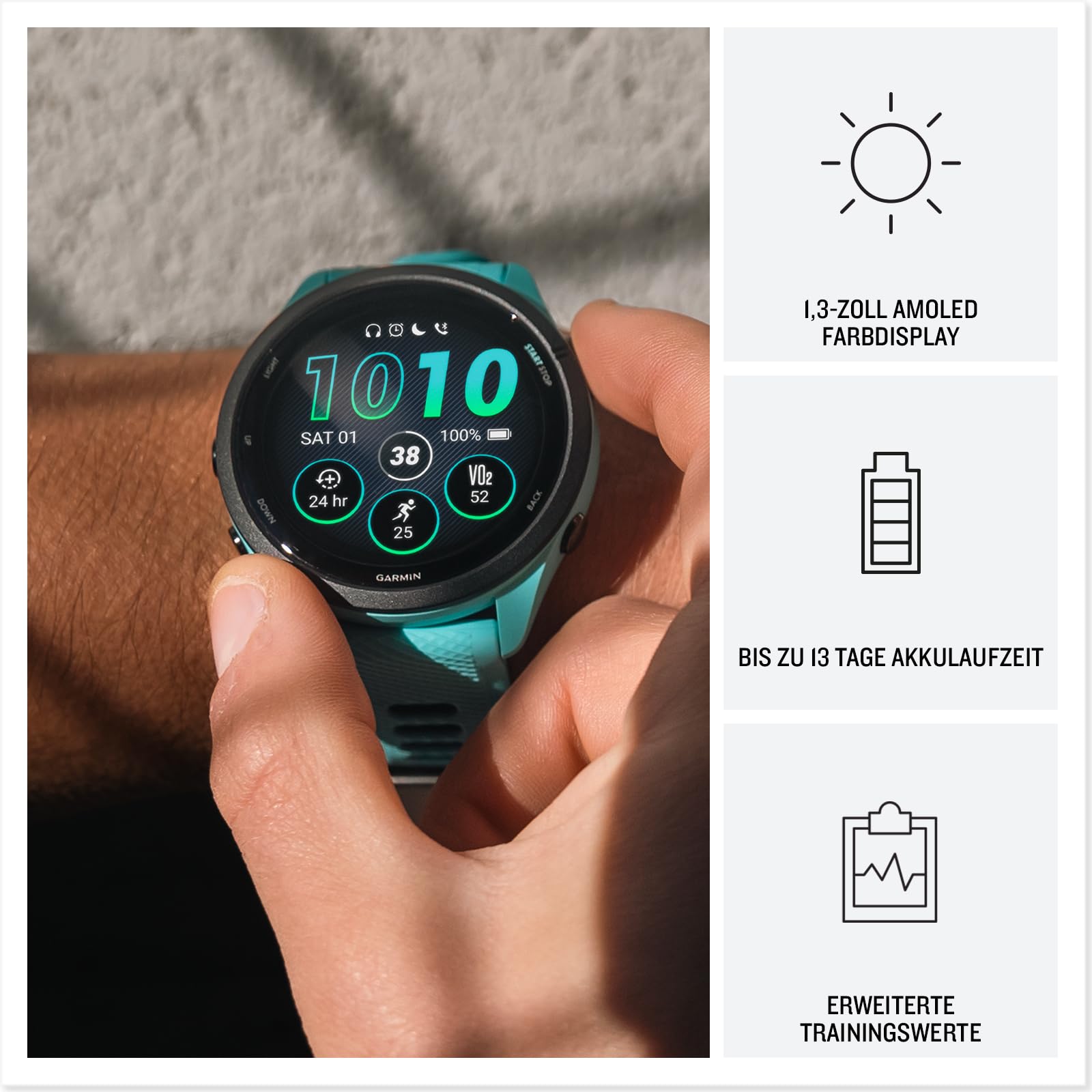 Garmin Forerunner 265 46mm - Laufuhr, 1,3" AMOLED-Display, 13 Tage Akkulaufzeit, 30+ Sport-Apps, Trainingsanalyse, spezielle Lauffunktionen, Trainingsbereitschaft, erweiterte Schlaffunktionen, Musik