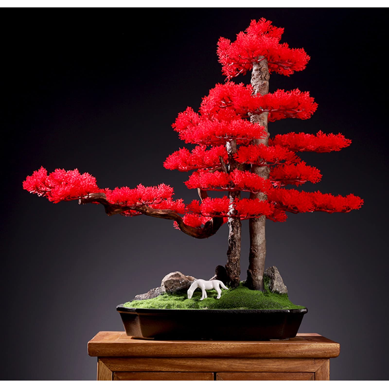 Bonsai artificiale Bonsai artificiale for interni, decorazione di grandi piante finte con vasi in ceramica, foglie rosse e scultura di pony, for tavolo da casa, scrivania, camera da letto, soggiorno,