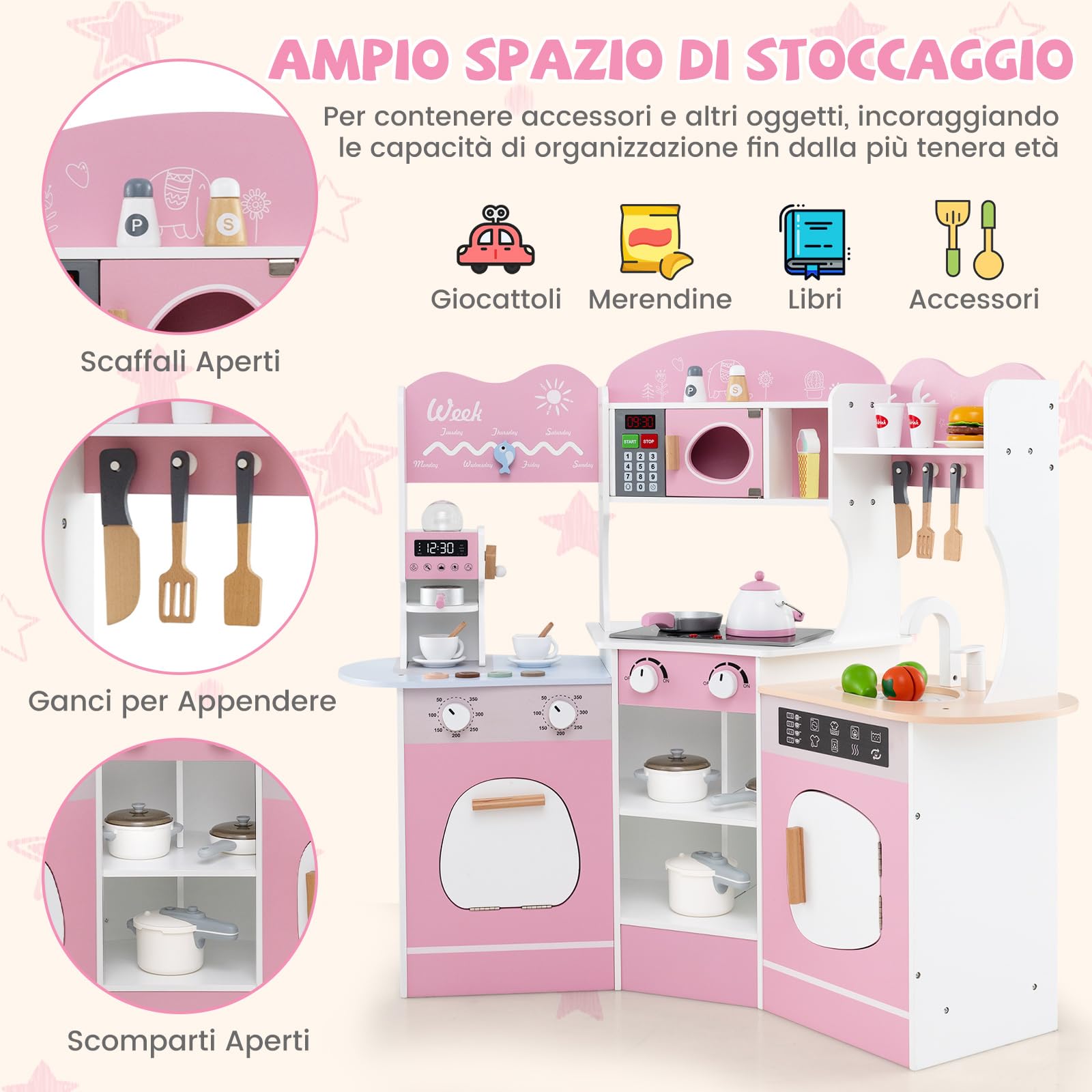 COSTWAY Cucina Giocattolo Angolare con Fornelli e Micronde da Suoni e Luci, Cucina per Bambini in Legno con Macchina Caffè, Lavandelo, Forno e Lavatrice, Set Cucina con Accessori (Rosa)