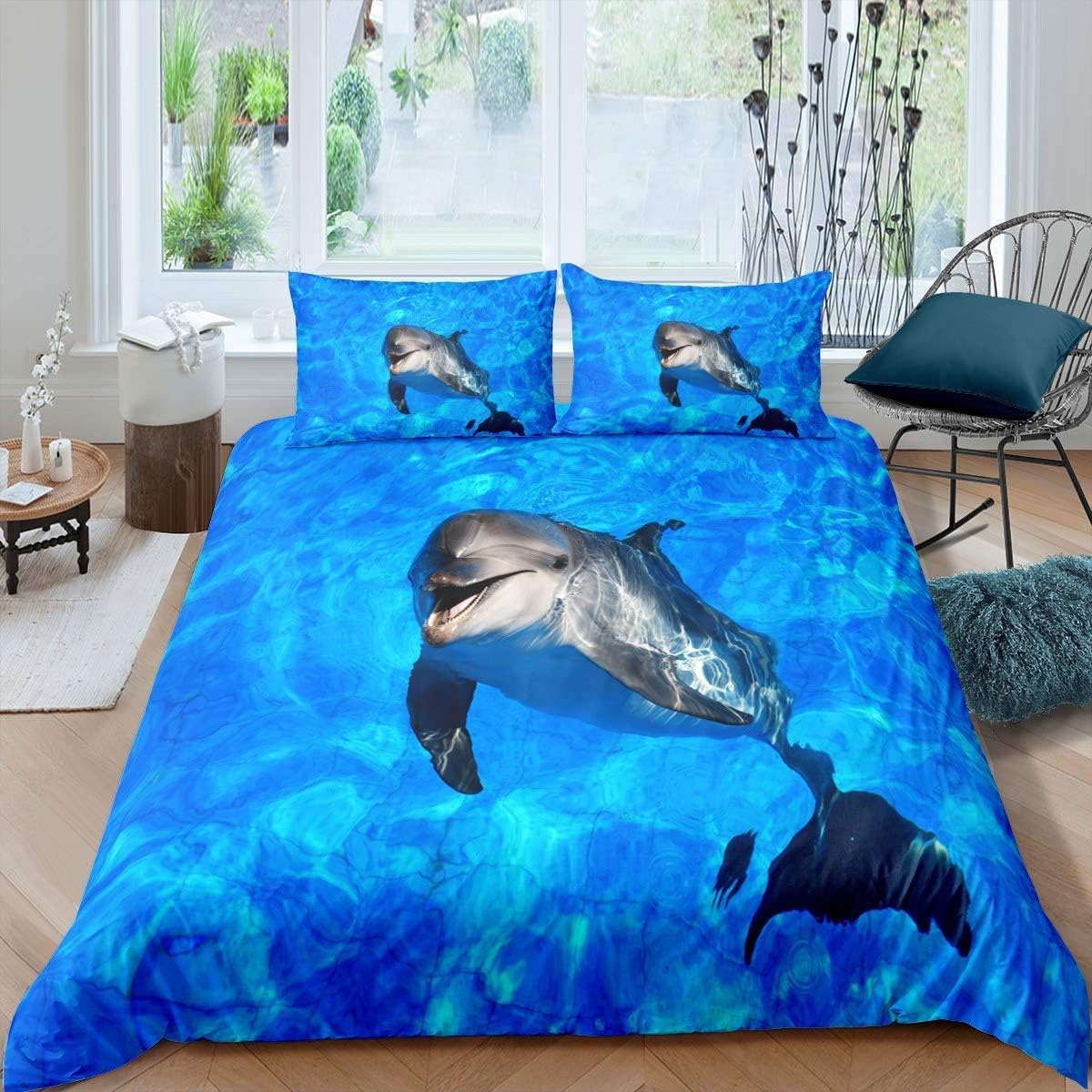 Homemissing Cute Dolphin Duvet Cover Ocean Marine Double Size Bedding Set Sea Creatures Comforter Cover for Boys Girls Children Lovely Hawaiian Sealife Bedspread With 2 Pillow Case