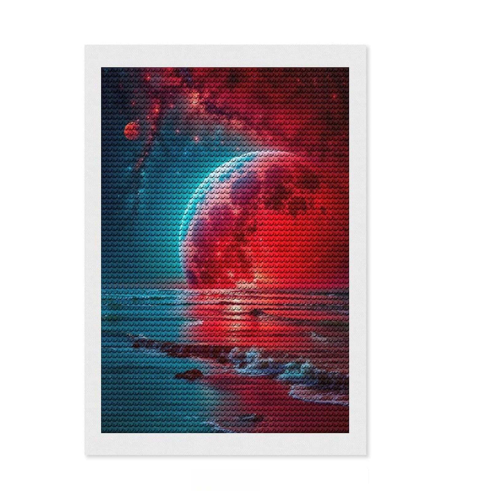 Junmoney Red Moon and The Sea Round Drill Diamond Painting 8"x12", for Adults, Creative Leisure Activity, Office Decor, Holiday Gift Idea